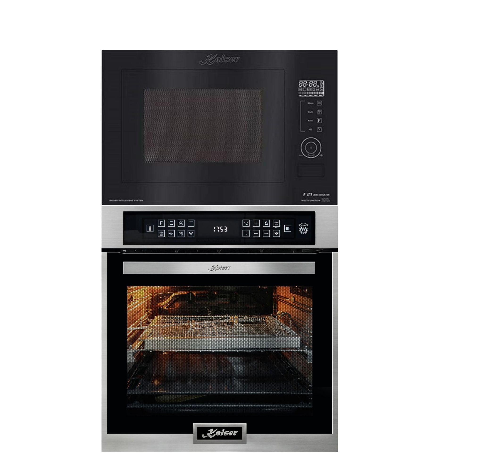 Kaiser Küchengeräte Backofen-Set Einbau Elektrobackofen,Edelstahl,86 L 15 Fkt., LED-Display+Einbau-Mikrowelle, Schwarz Glas, 25L, Heißluft, Grill, 21 Funktionen EH 6306 N R+EM 2510, mit 1-fach-Teleskopauszug