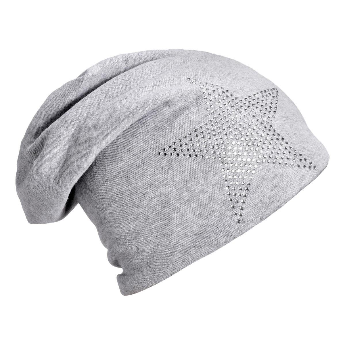 DonDon Beanie Damen (Packung, Strass Slouch Print Wintermütze, mit Sternenprint, hellgrau Strass- Stern mit Pailletten-, mit 1-St) Teddyfleece Beanie oder