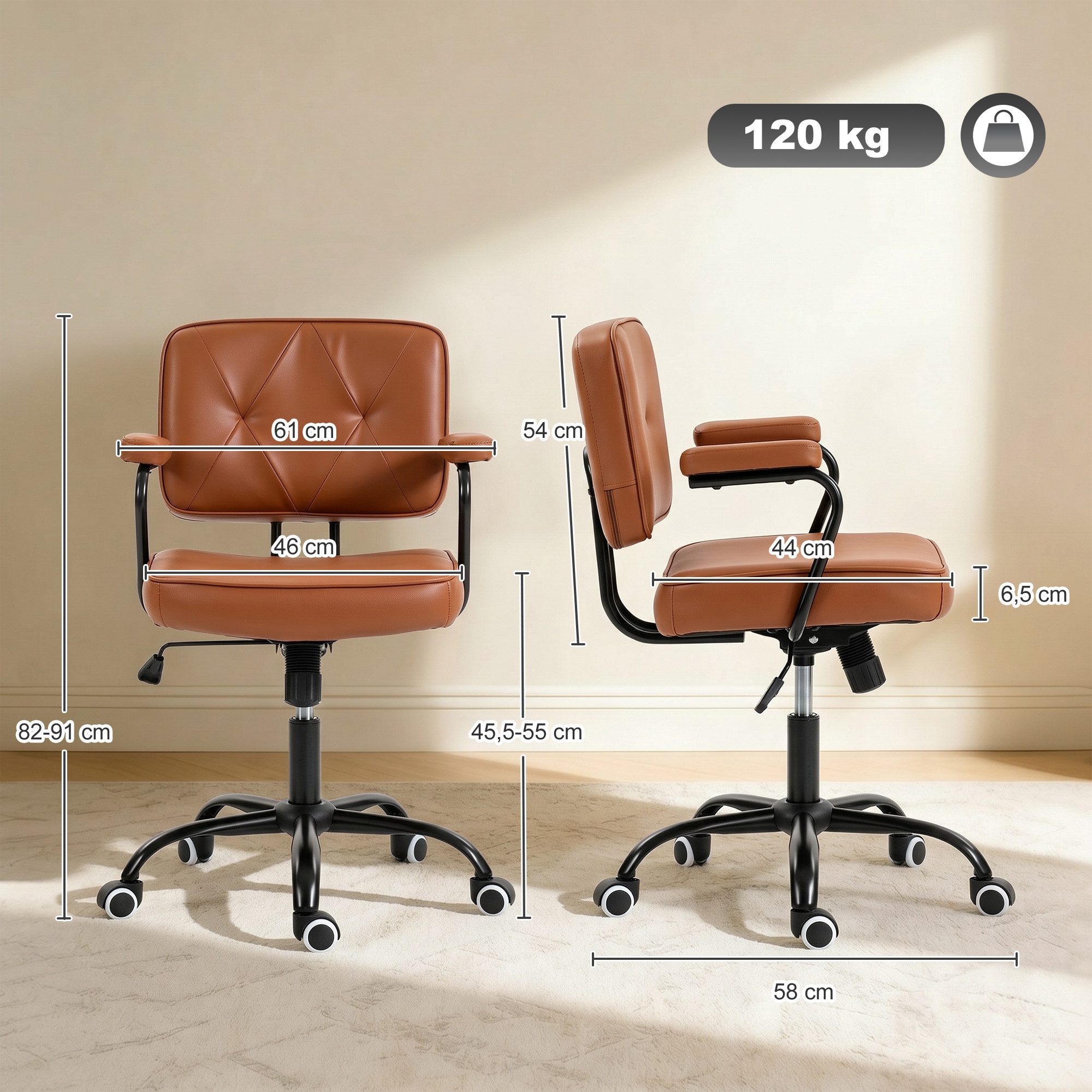 Vinsetto Bürostuhl Drehstuhl Schreibtischstuhl höhenverstellbar mit Wippfunktion (Drehstuhl, 1 St), Braun 61 x 58 x 82-91 cm