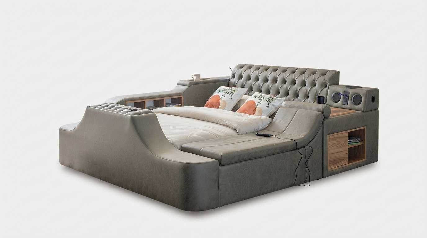 JVmoebel Multimediabett Luxus Chesterfield Multimediabett Grau mit TV-Lift und Lautspreche (1-tlg), Made in Europa