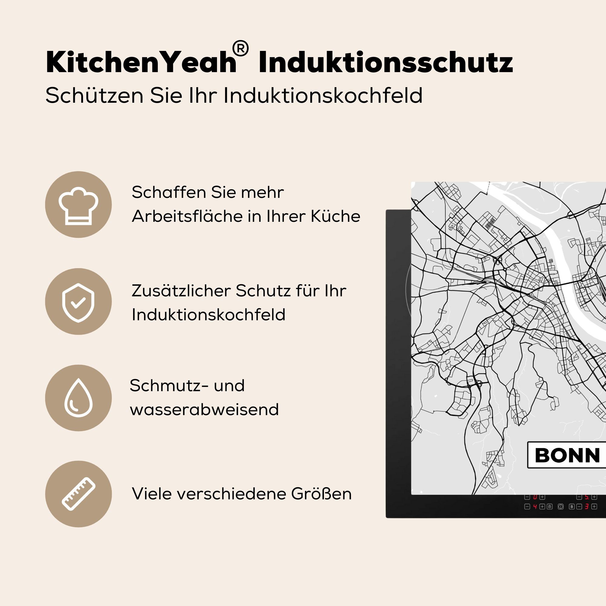 MuchoWow - cm, Stadtplan, - für (1 Herdblende-/Abdeckplatte küche Ceranfeldabdeckung, Vinyl, Karte Arbeitsplatte - tlg), Bonn Deutschland 78x78