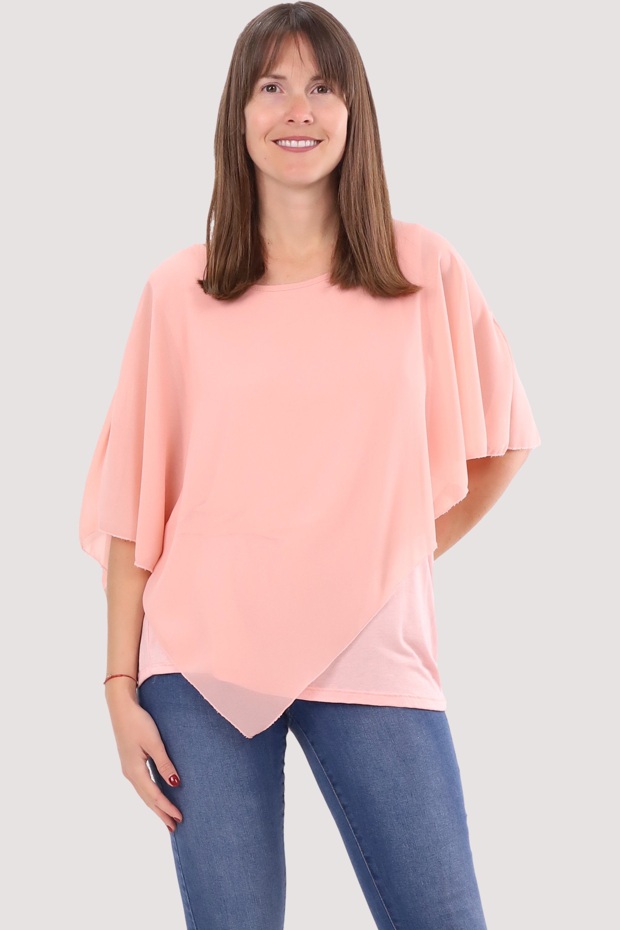 malito more than fashion Chiffonbluse 10732 Schlupfbluse Blusenshirt asymmetrisch geschnitten Einheitsgröße rosa