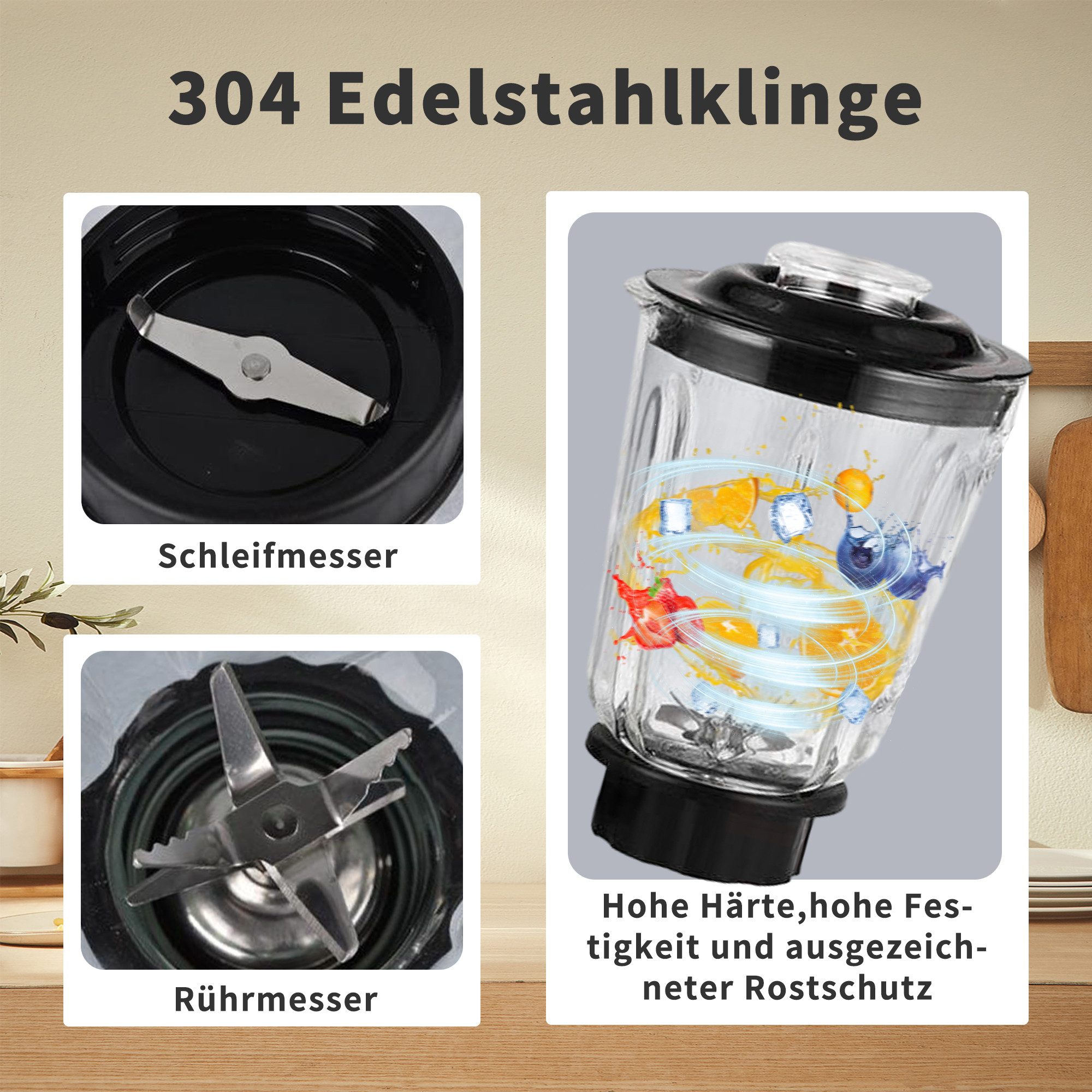 Forrlite Standmixer Standmixer,Mixer VitaBoost,Edelstahl Silber Glas Smoothie Mixer Maker, 1500 W, 1500,00 W Ice Crush Funktion,Milchshaker Blender 1,5 L,Eiscrusher