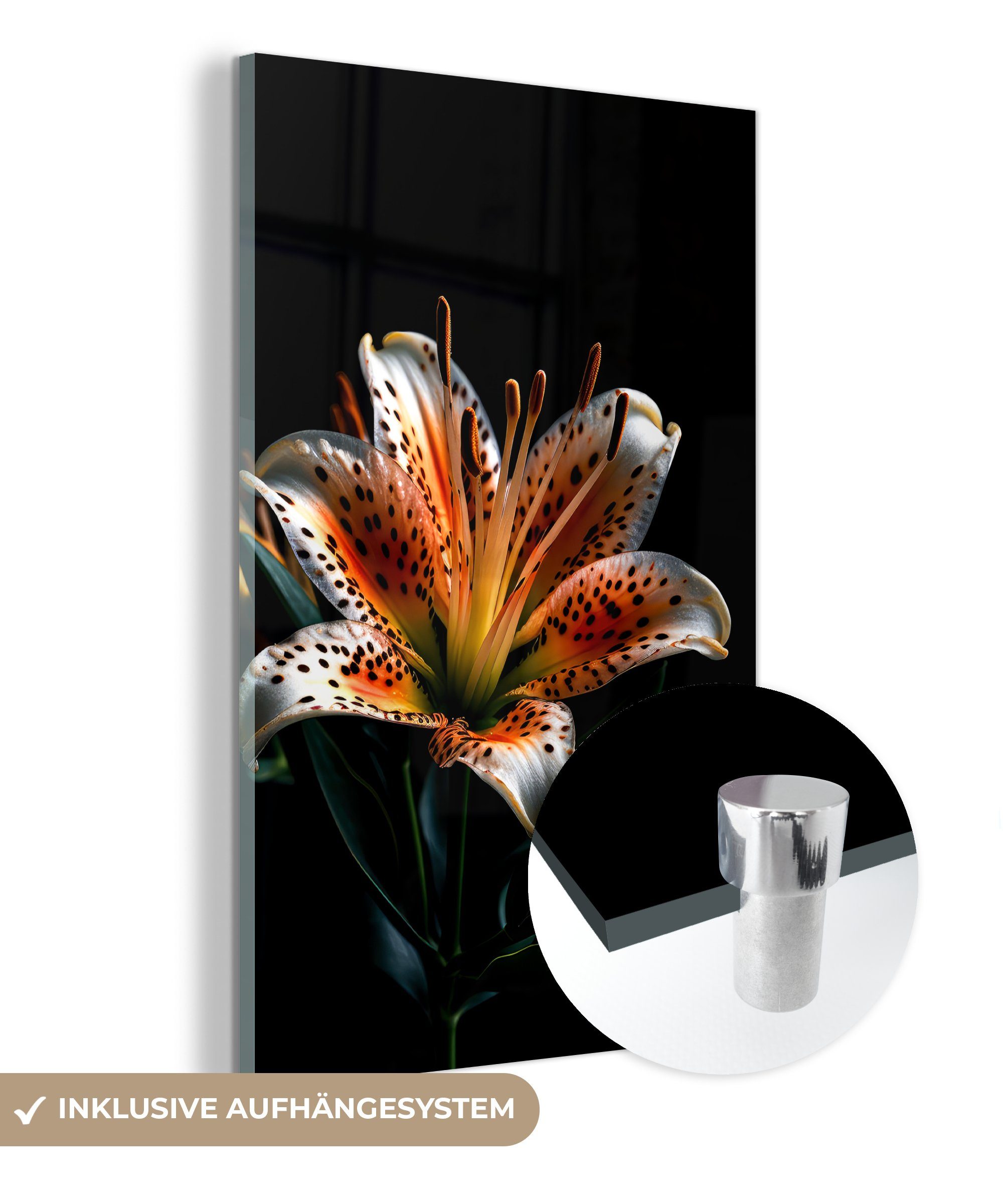 MuchoWow Acrylglasbild Blumen - Lilie - Orange - Porträt - Schwarz, (1 St), Glasbilder - Bilder auf Glas Wandbild - Foto auf Glas - Wanddekoration