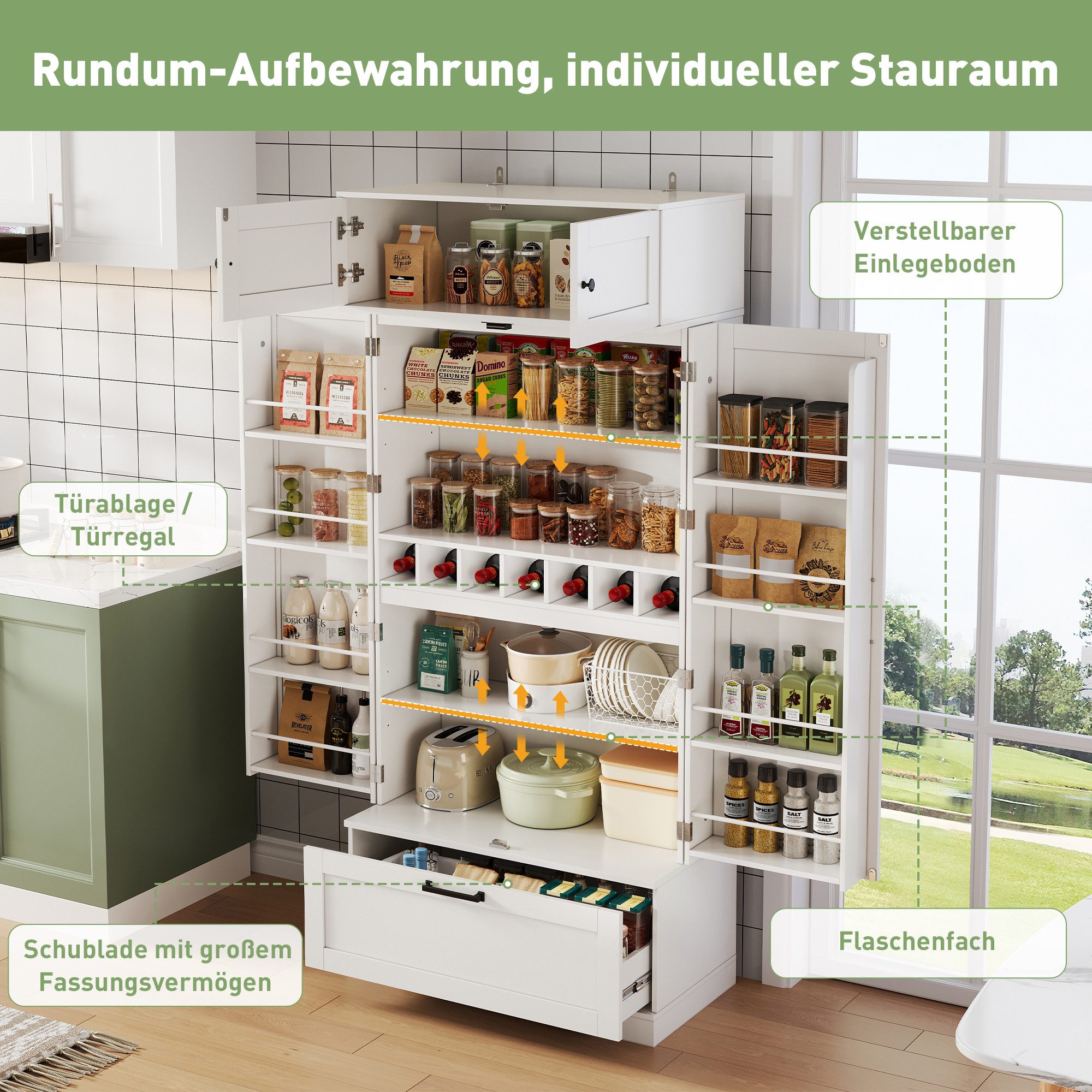 Odikalo Sideboard Küchenschrank Küchenbuffet Hochschrank Weiss (80×40×180cm großer,freistehender Küchenaufbewahrungsschrank mit verstellbaren Einlegeböden,Schub – Bild 4 von 5