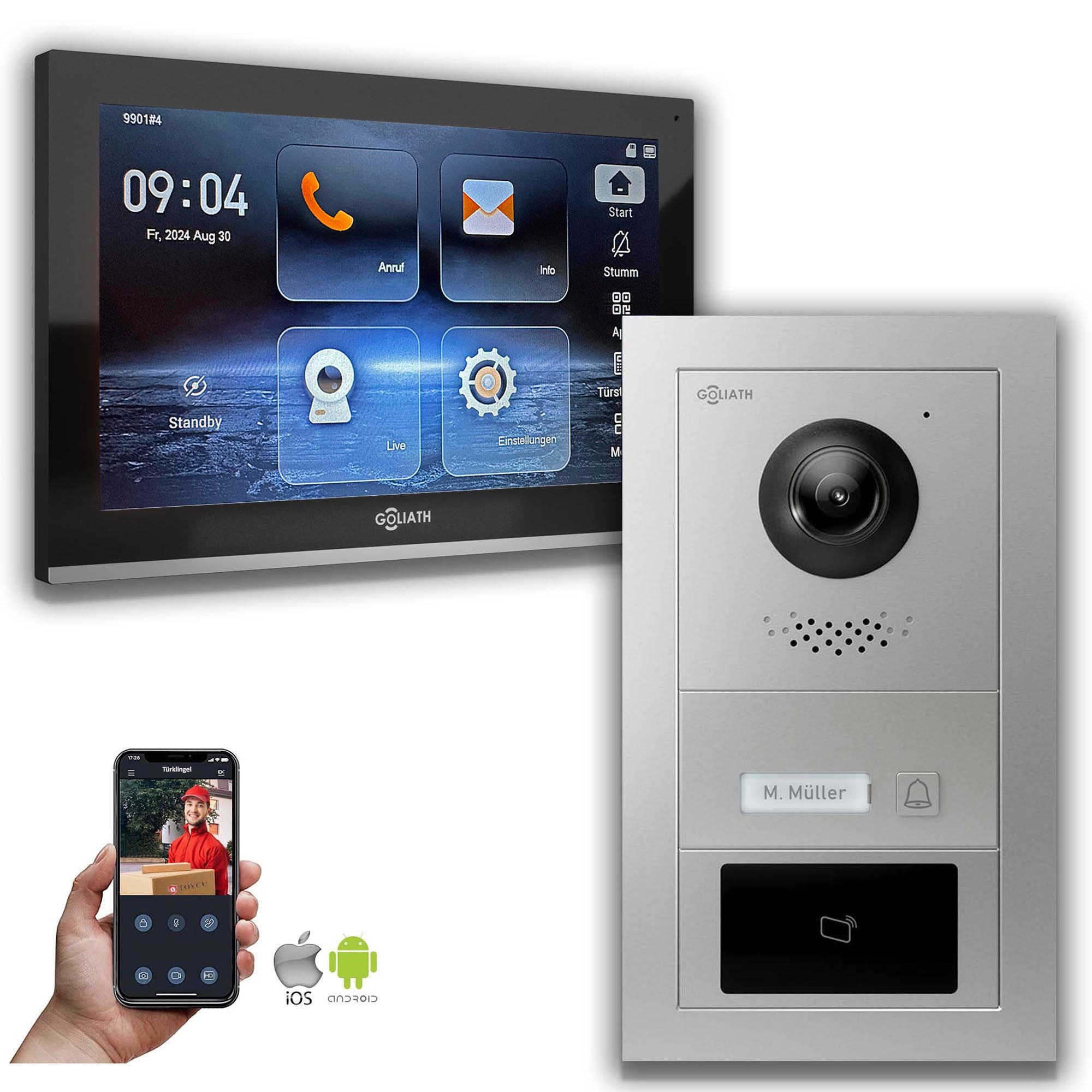 Goliath Intercom Video-Türsprechanlage Goliath IP Video Türsprechanlage mit Kamera 10-Zoll RFID Silber (Privat oder Gewerblich)