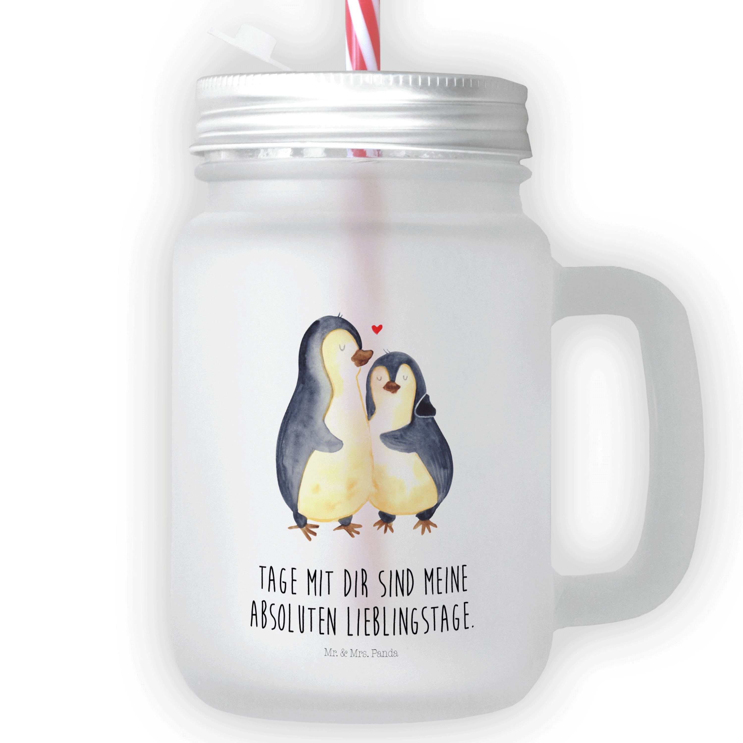 Mr. & Mrs. Panda Glas Pinguin umarmend - Transparent - Geschenk, glücklich,  Schraubdeckel G, Premium Glas