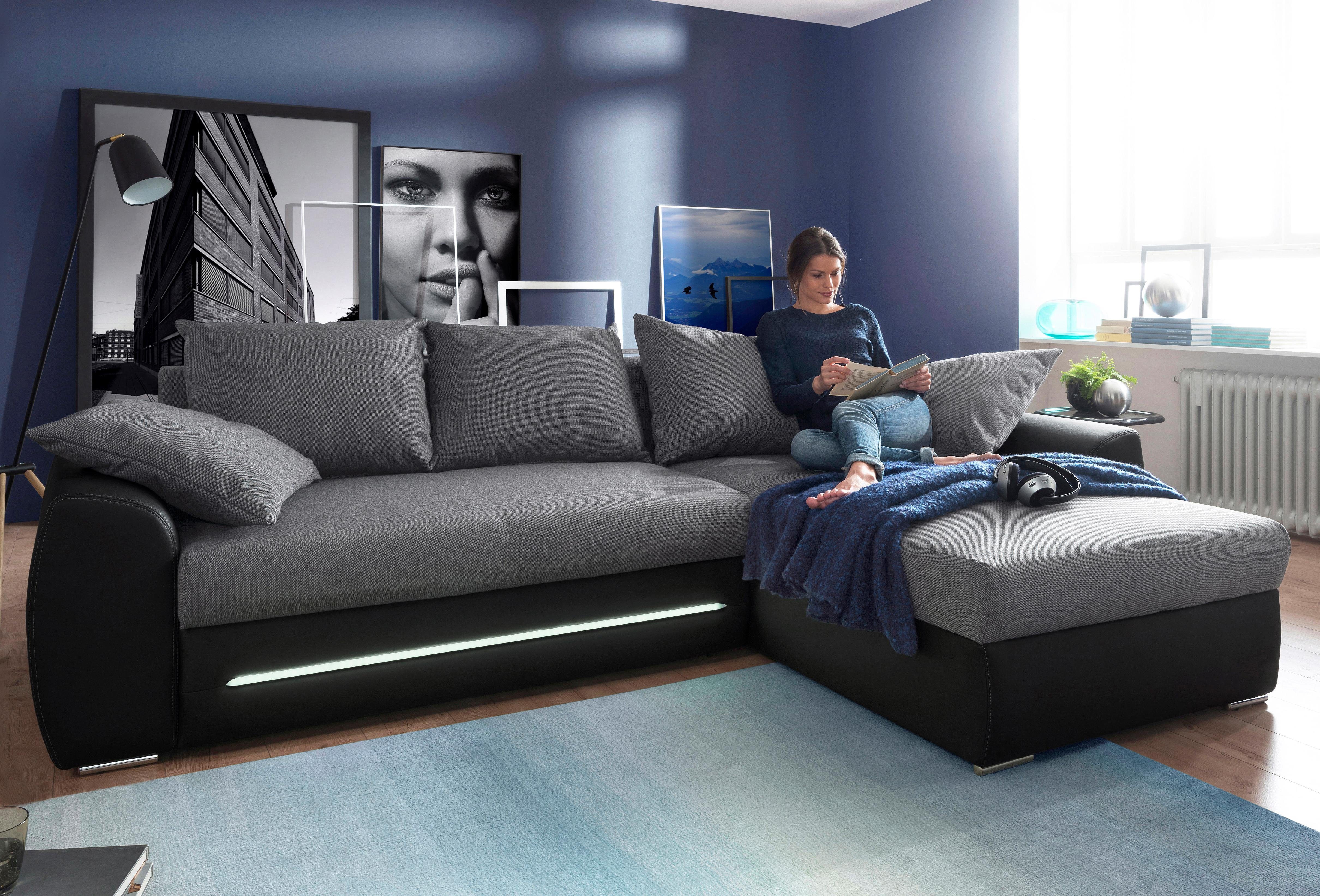 Jockenhöfer Gruppe Ecksofa Basel, inklusive LED-Beleuchtung, mit Bettfunktion und Bettkasten schwarz | schwarz