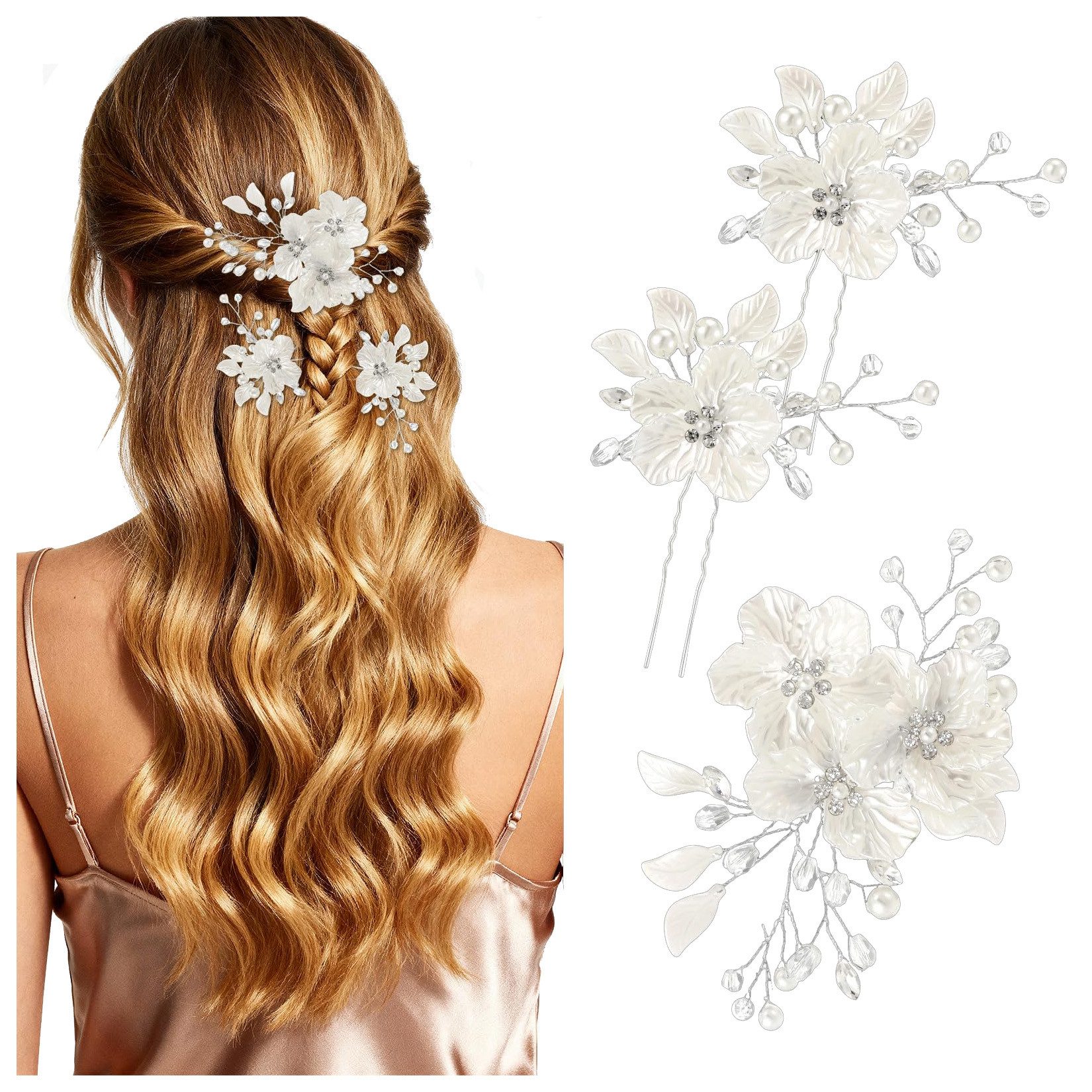 Oemmn Haarnadeln 3er Set Braut Haarnadeln mit Perlen & Blumen, 3-tlg., U-förmige Hochzeit Haaraccessoires für Brautfrisuren & Hochzeiten