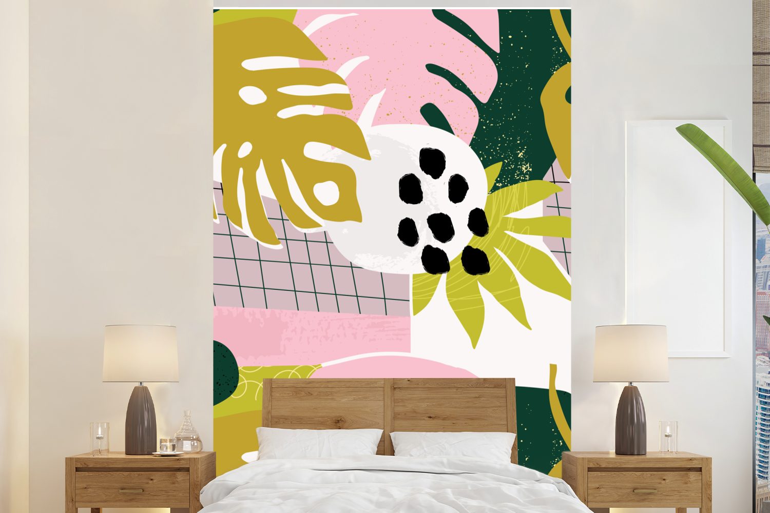 MuchoWow Fototapete Tropische Pflanzen - Rosa - Muster, Matt, bedruckt, (3 St), Montagefertig Vinyl Tapete für Wohnzimmer, Wandtapete