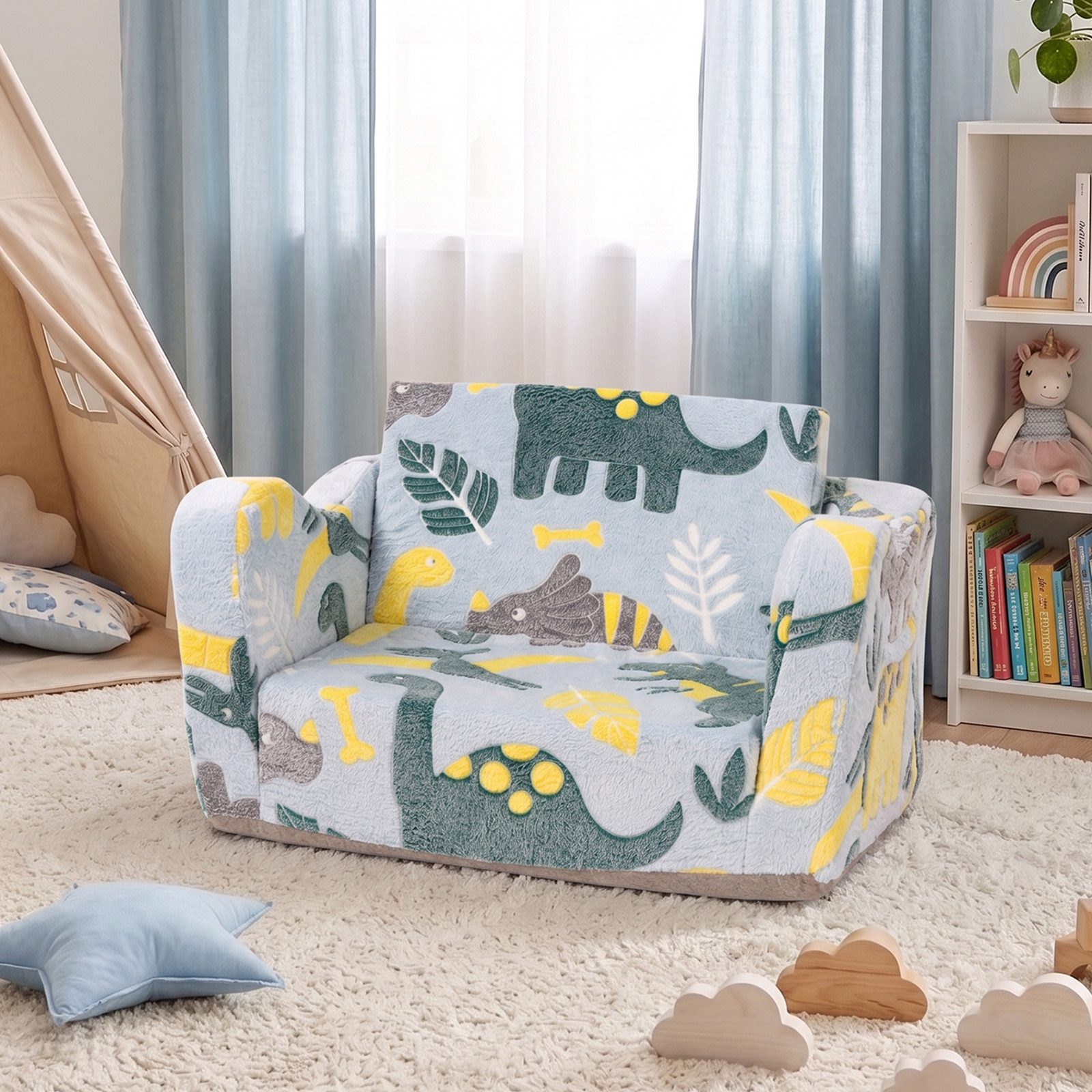 Jiexi Kindersofa Kindersofa ausklappbar Lammvlies Kindersessel Leuchtend Dino
