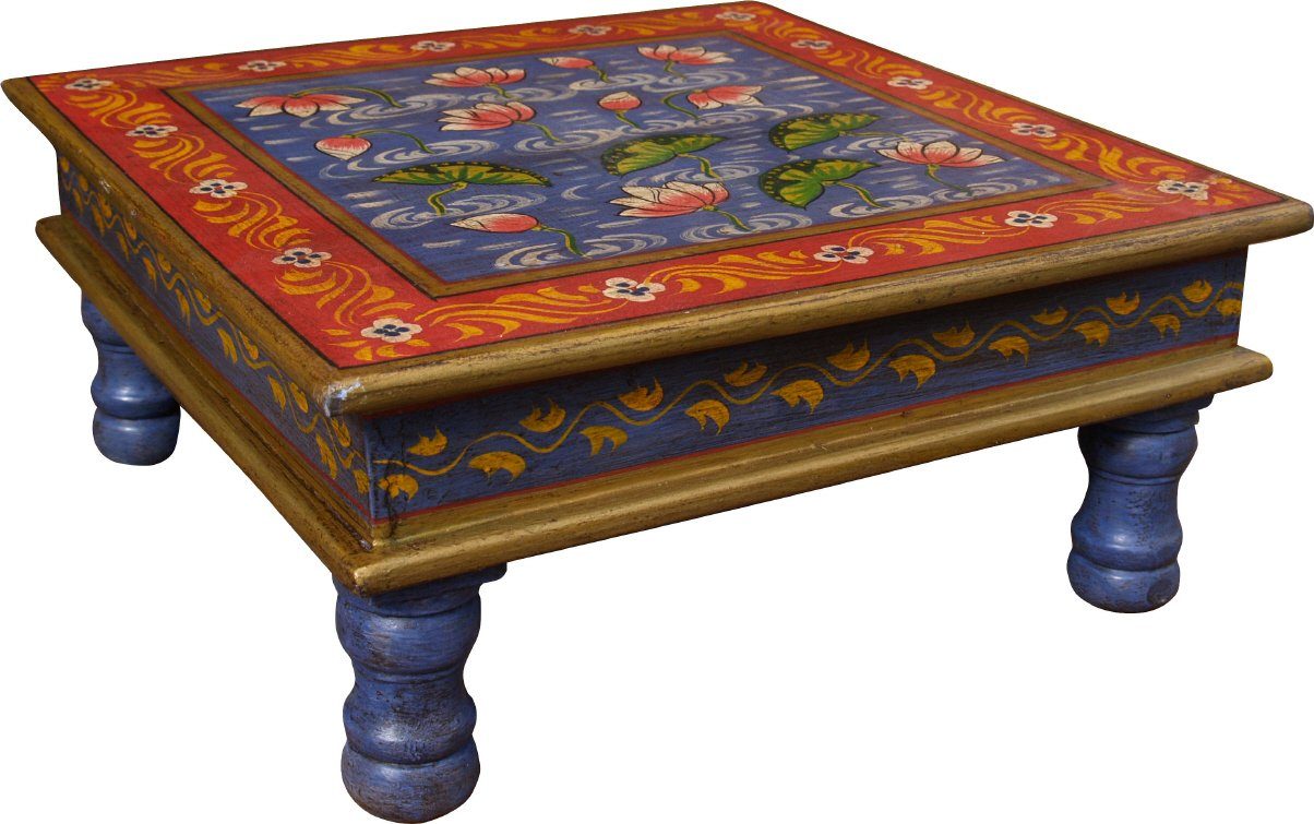 Guru-Shop Couchtisch Bemalter kleiner Tisch, Minitisch, Blumenbank -.. Seerose blau/rot/gelb