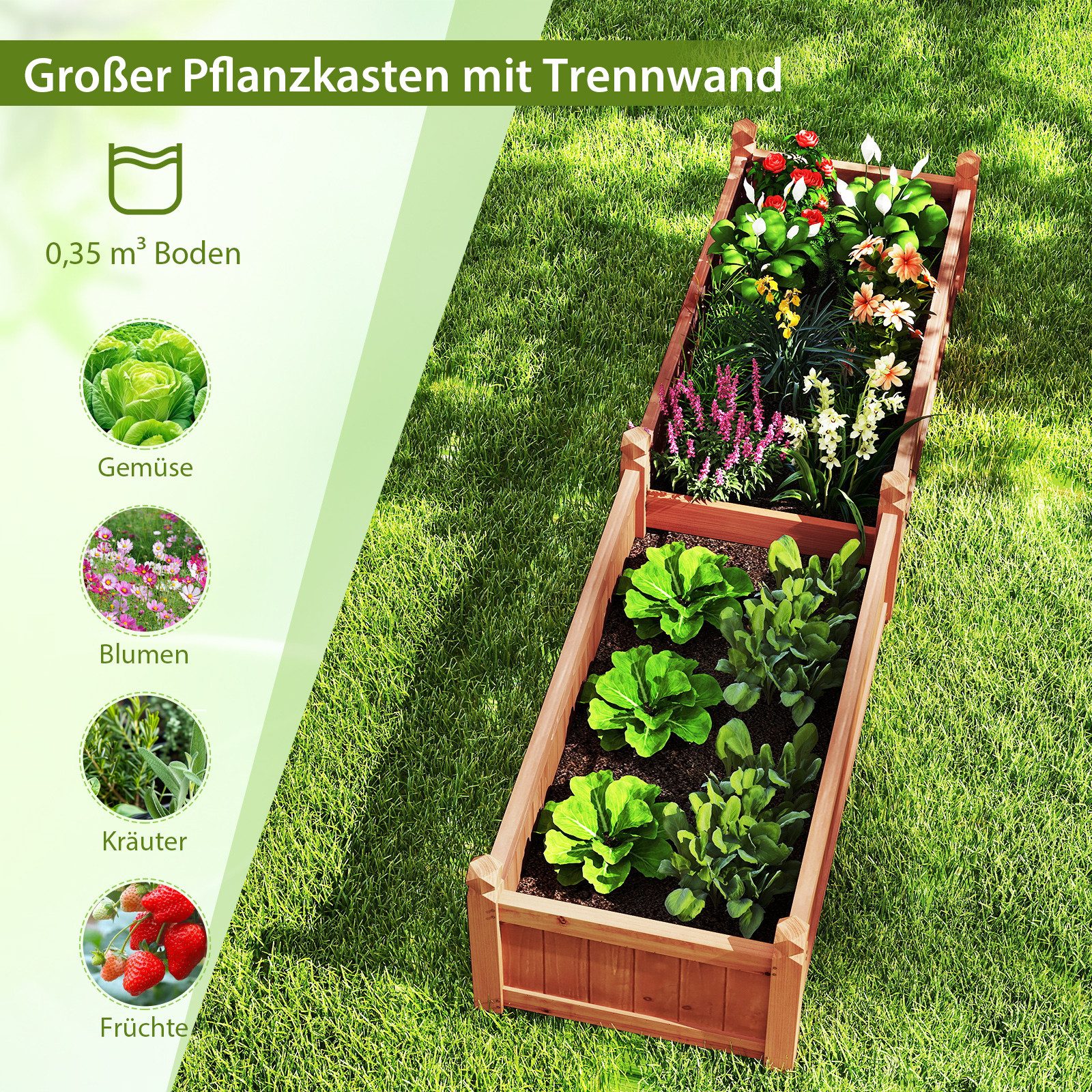 COSTWAY Hochbeet, Blumenkasten, Pflanzkasten, mit Trennwand, 227x59,5x40cm