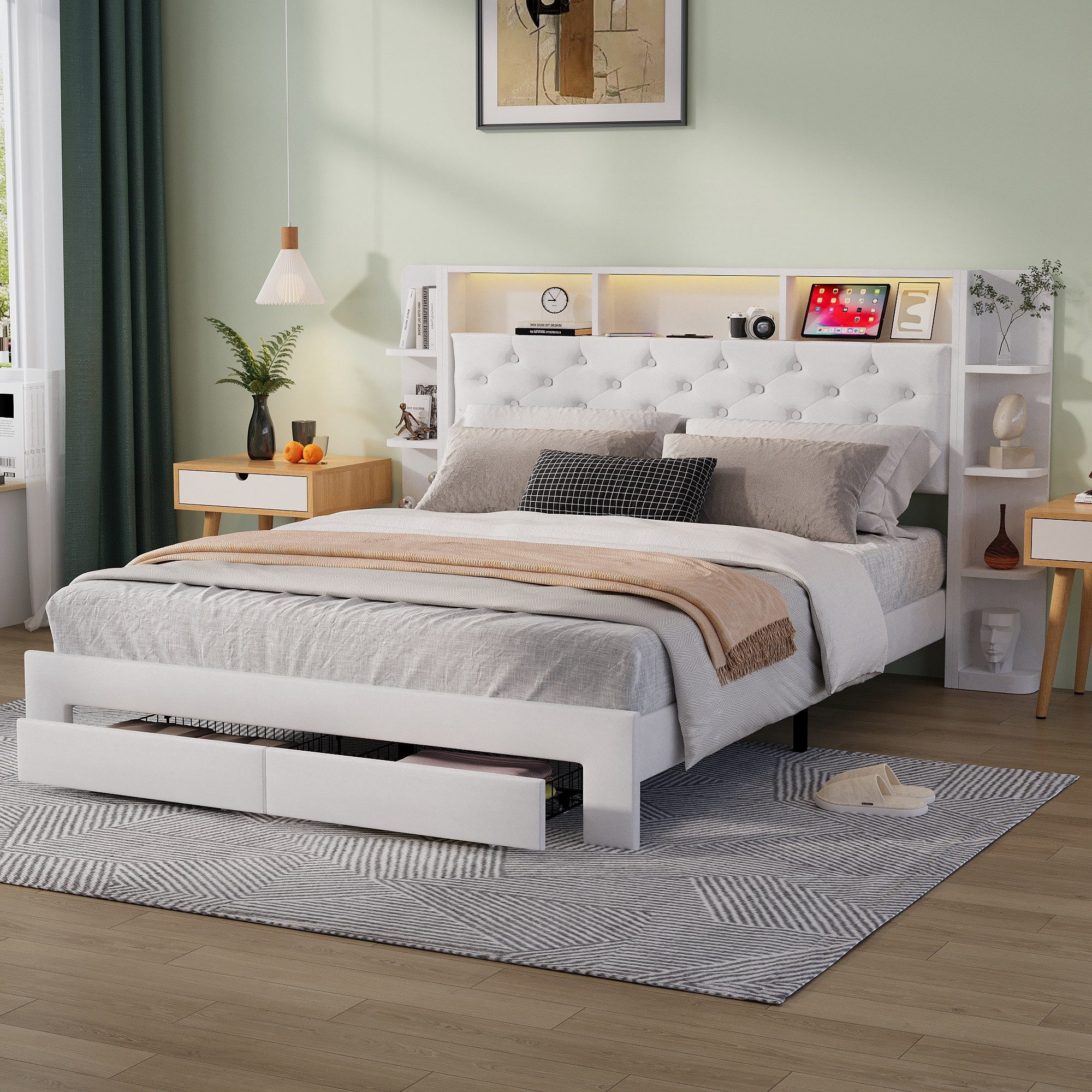 ADWOLT Stauraumbett Weiß Polsterbett Doppelbett mit 2 Schubladen (Set, 1-tlg., Kopfteil mit LED-Beleuchtung und Staufächer), Funktionsbett Jugendbett, Samtstoff, Ohne Matratze, 160x200cm