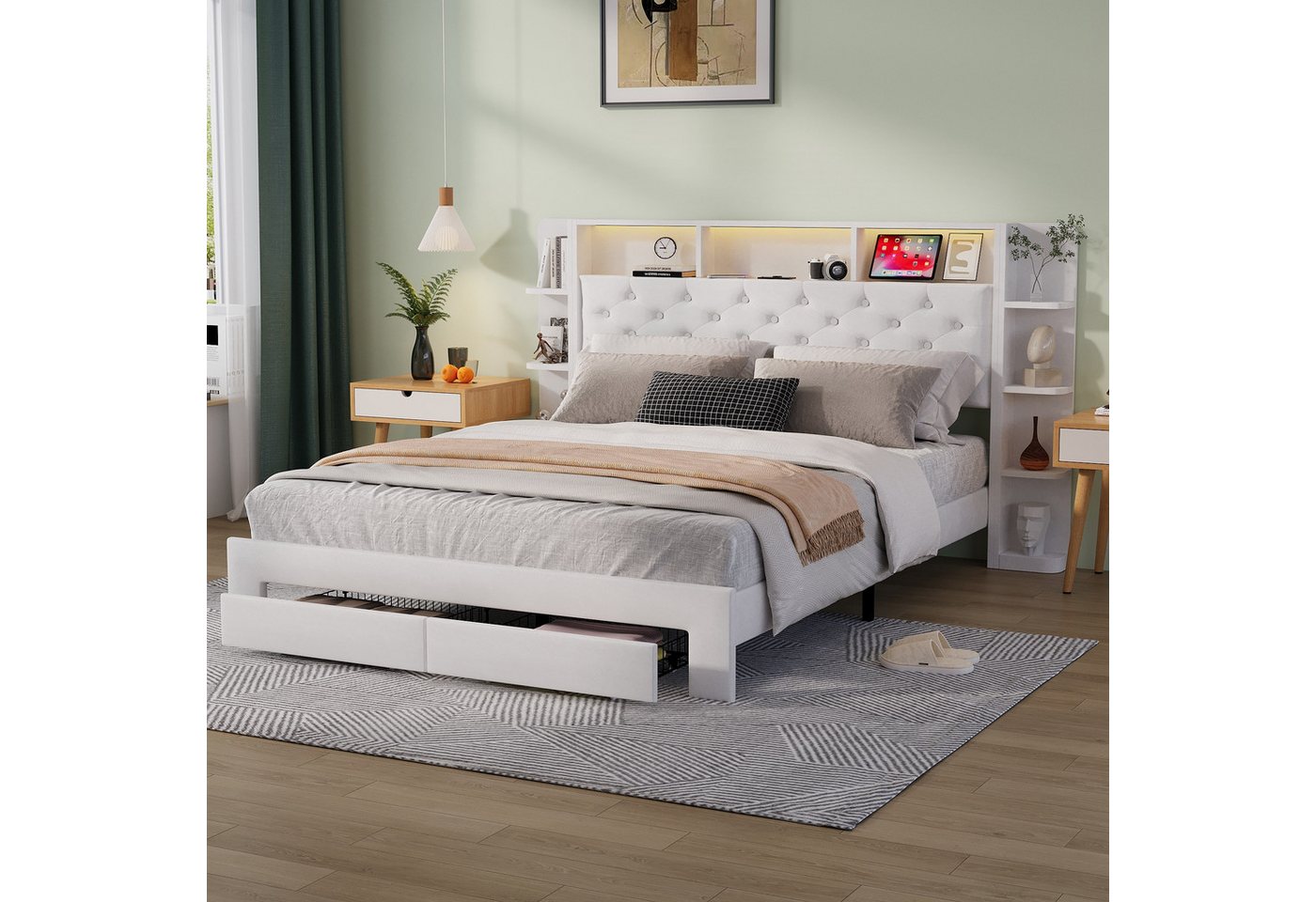ADWOLT Stauraumbett Weiß Polsterbett Doppelbett mit 2 Schubladen (Set, 1-tlg., Kopfteil mit LED-Beleuchtung und Staufächer), Funktionsbett Bettgestell, Samtstoff, Ohne Matratze, 140x200cm
