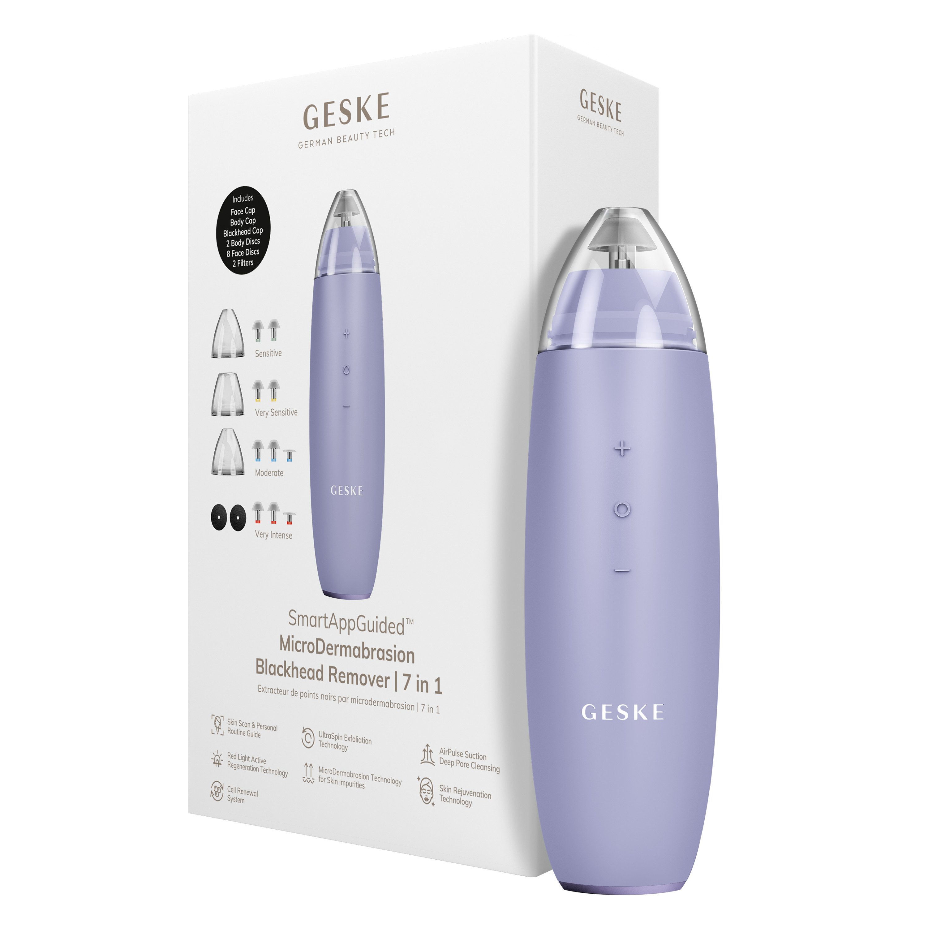 GESKE German Beauty Tech Mikrodermabrasionsgerät SmartAppGuided™ MicroDermabrasion Blackhead Remover 7 in 1, Packung (Gerät & USB-Ladekabel), 17-tlg., Gerät inkl. kostenloser APP (SmartAppGuided Device), Mit der GESKE App erhältst Du deine personalisierte Hautpflegeroutine.