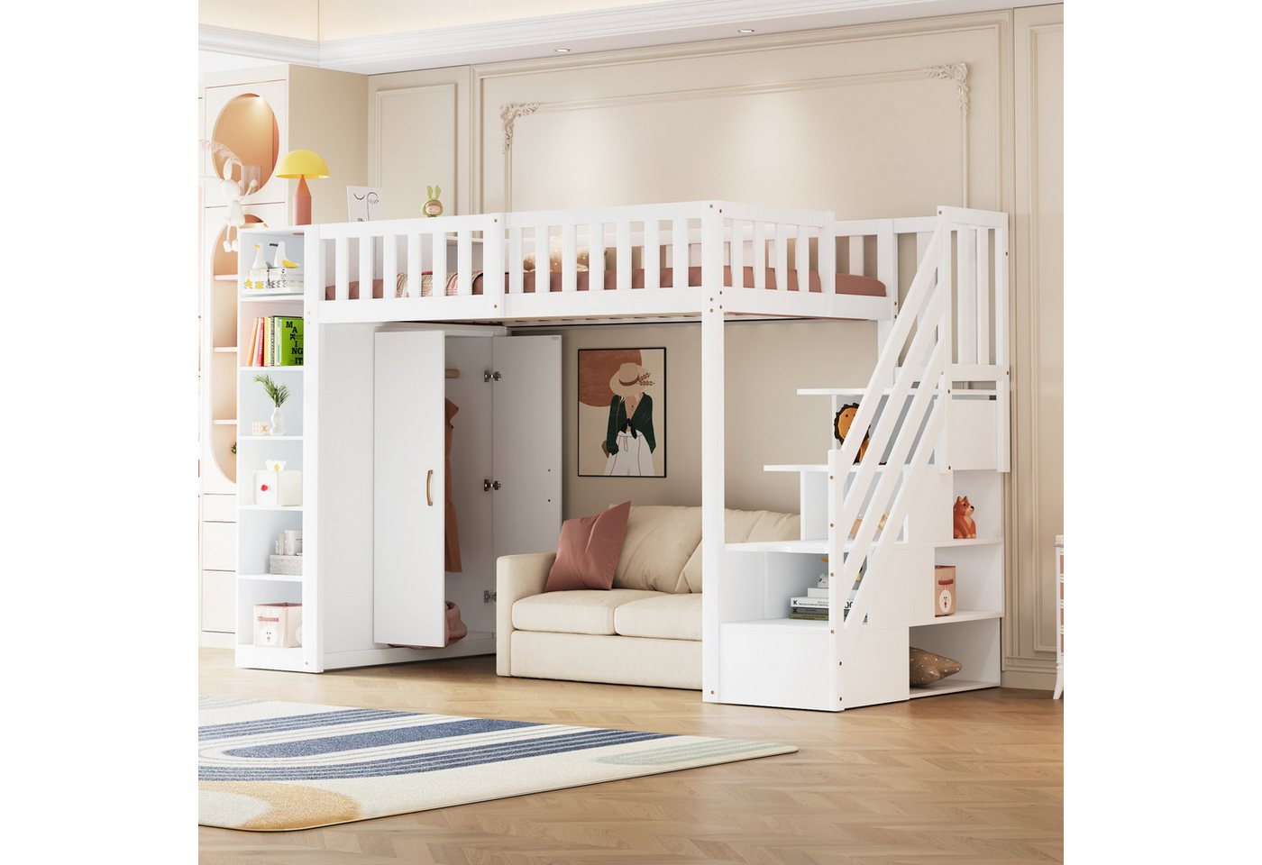 Odikalo Kinderbett Hochbett Jugendbett 90x200 mit Stauraum (Multifunktionales Hochbett 90x200cm mit Regalen, Stauschrank und großem Kleiderschrank, Sicherheitsleiter mit Ablagefächern, Grau + Rohholzfarben)