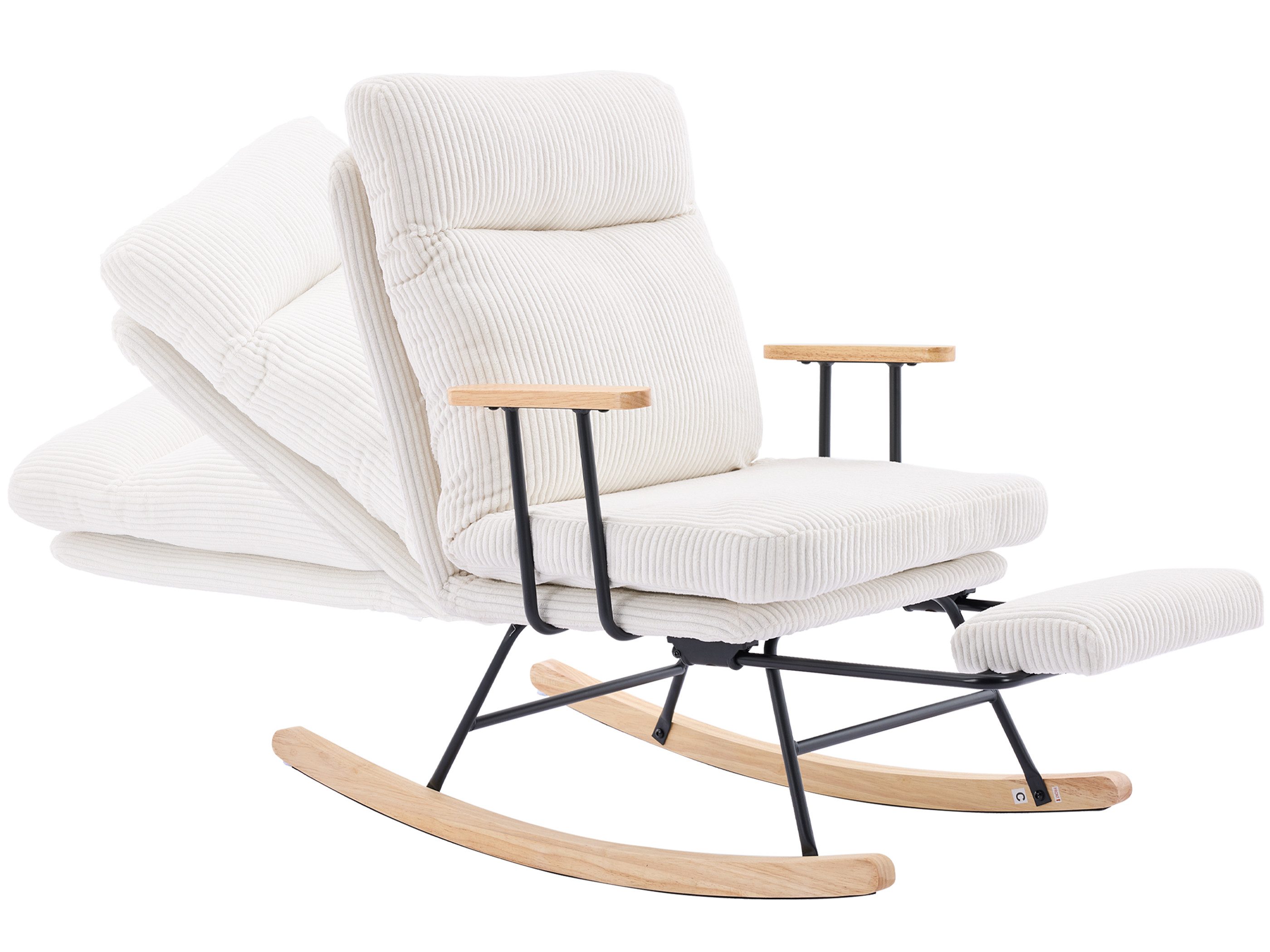SeedWave Schaukelstuhl Cord Schaukelsessel mit Massivholz-Armlehnen, Verstellbare Rückenlehne, Massiveholz-Füße, Ausziehbare Fußstütze, Belastung bis 136 kg