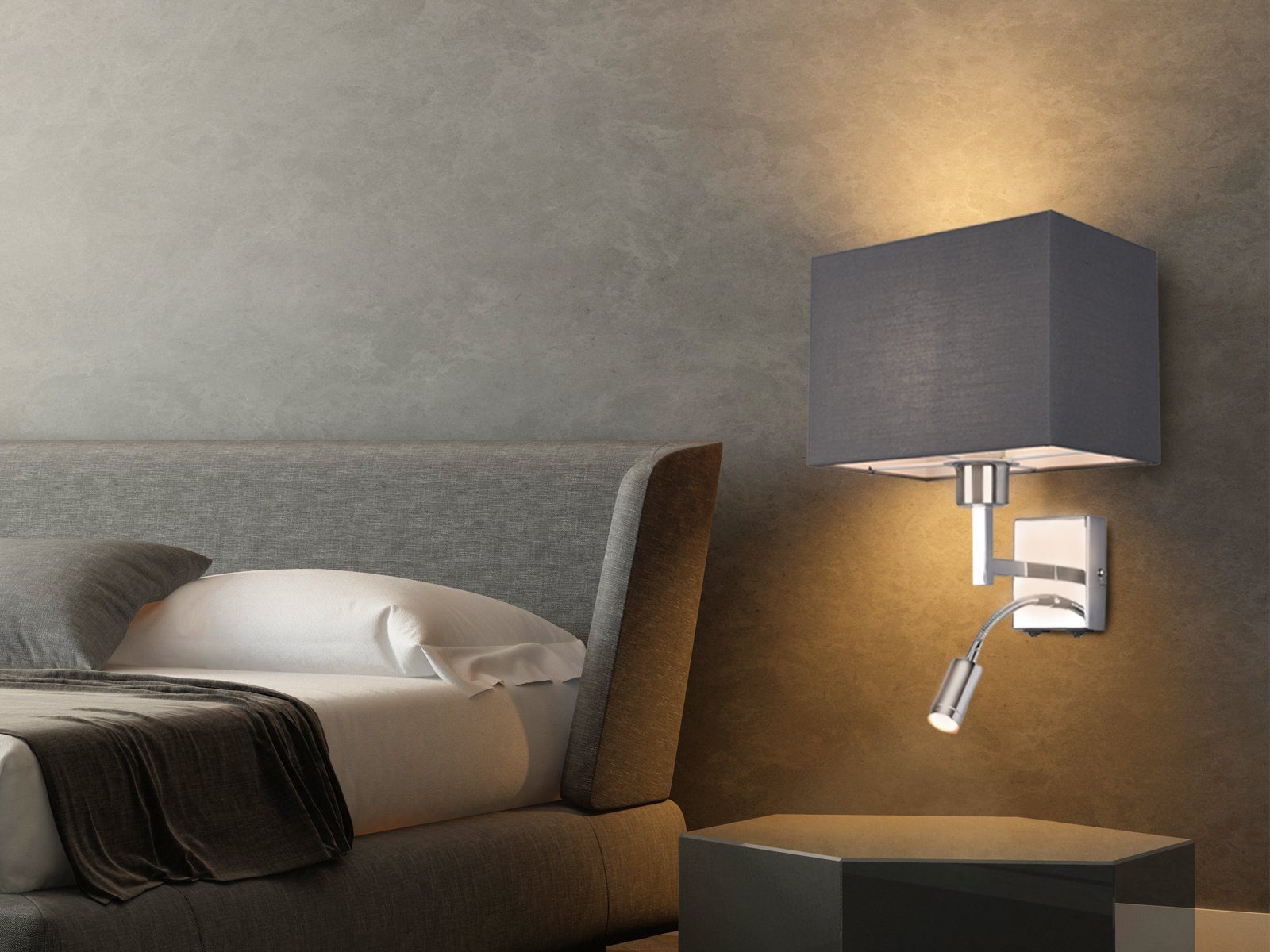 meineWunschleuchte LED Leselampe, Stoff Bett-Lampe Nachttischlampe Wand-Montage  - Wandleuchte für Bett & Sofa