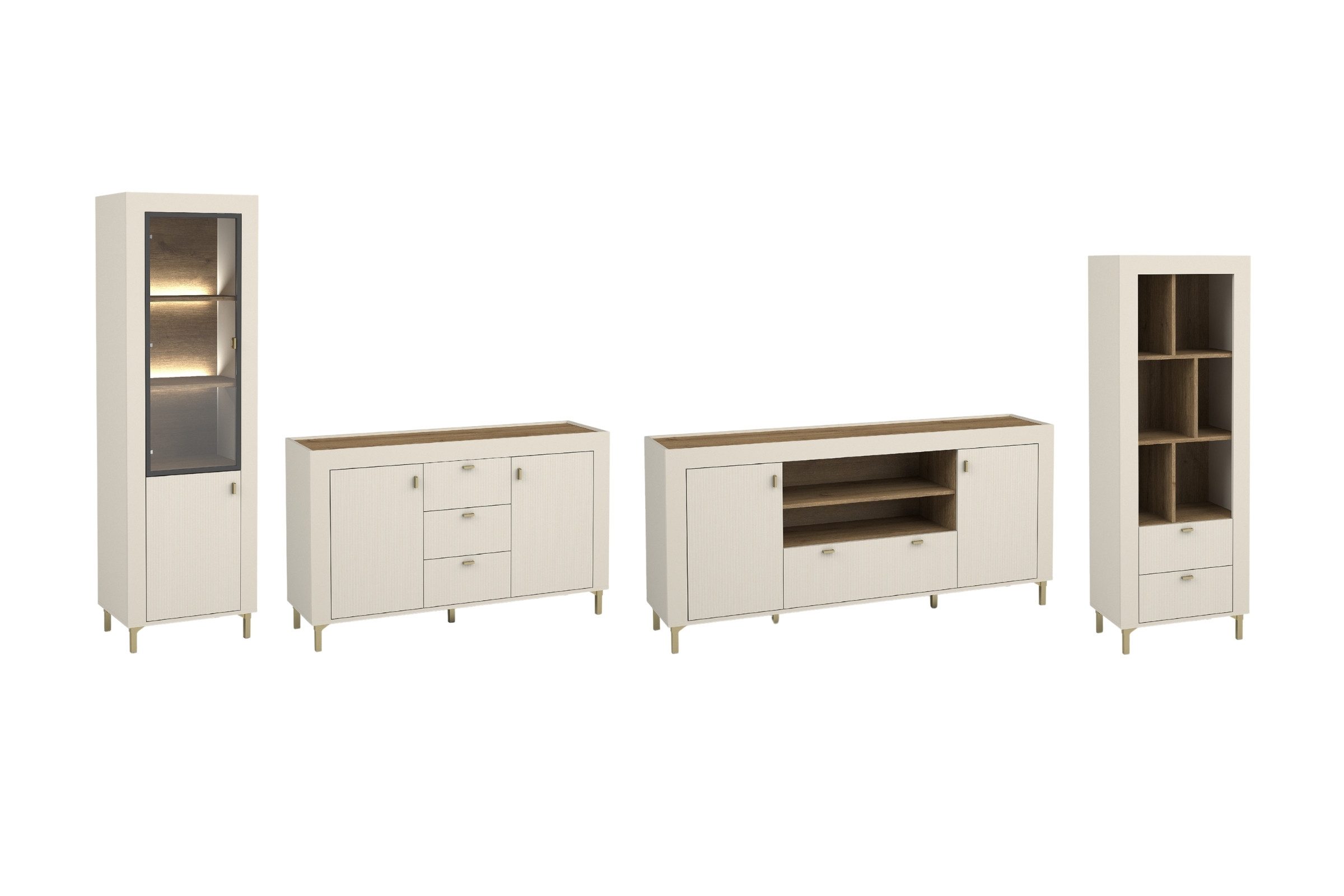 Deine Möbel 24 Wohnzimmer-Set MONI A mit Vitrine, Regal, 2 Kommoden, (Set, 4-St., MONI - Kollektion), optionale LED-Beleuchtung, in Weiß, Schwarz, Cashmere/Eiche Whisky
