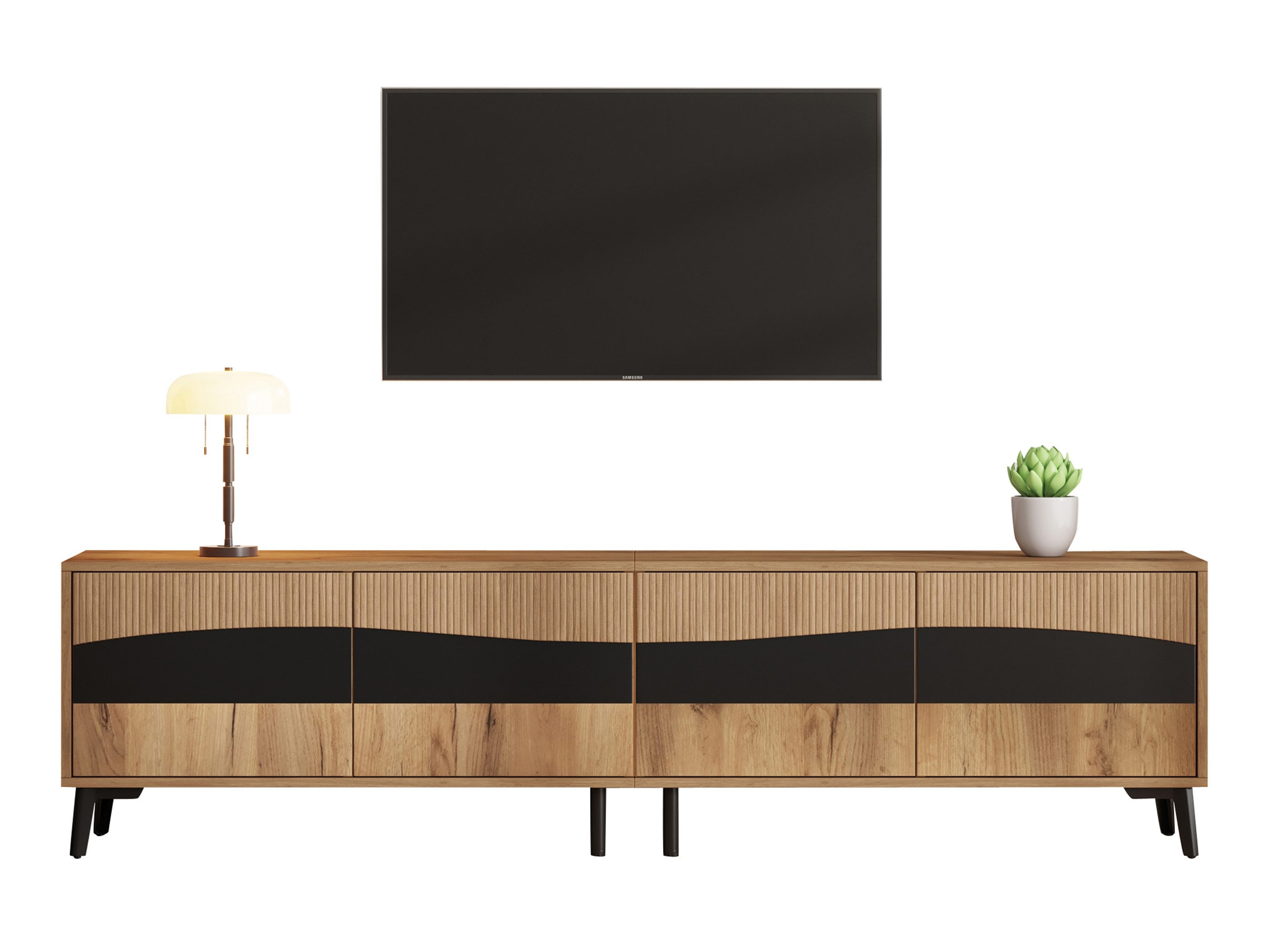SeedWave Lowboard Landhausstil TV Schrank mit 4 grifflosen Türen, Kabeldurchführung, Fernsehtisch inkl. 4 Staufächer