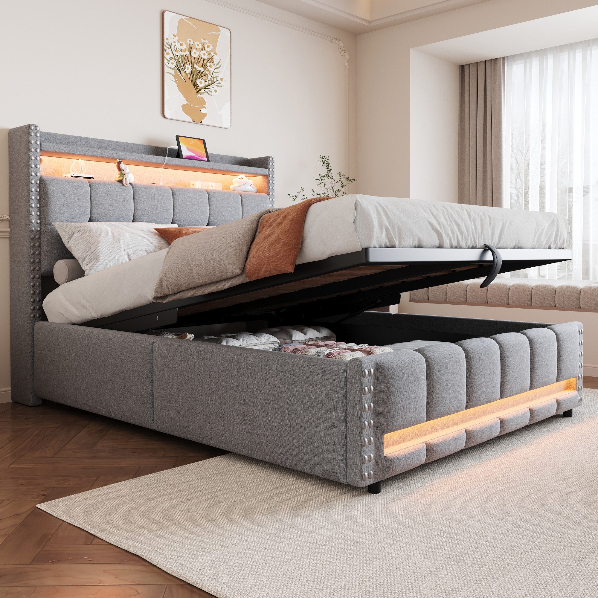 REDOM Polsterbett Stauraumbett Doppelbett (Jugendbett,mit LED-Beleuchtung, günstig online kaufen