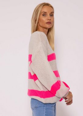 SASSYCLASSY Strickpullover Oversize Pullover Damen aus weichem Grobstrick Lässiger Strickpullover mit Streifen und V-Ausschnitt, Made in Italy