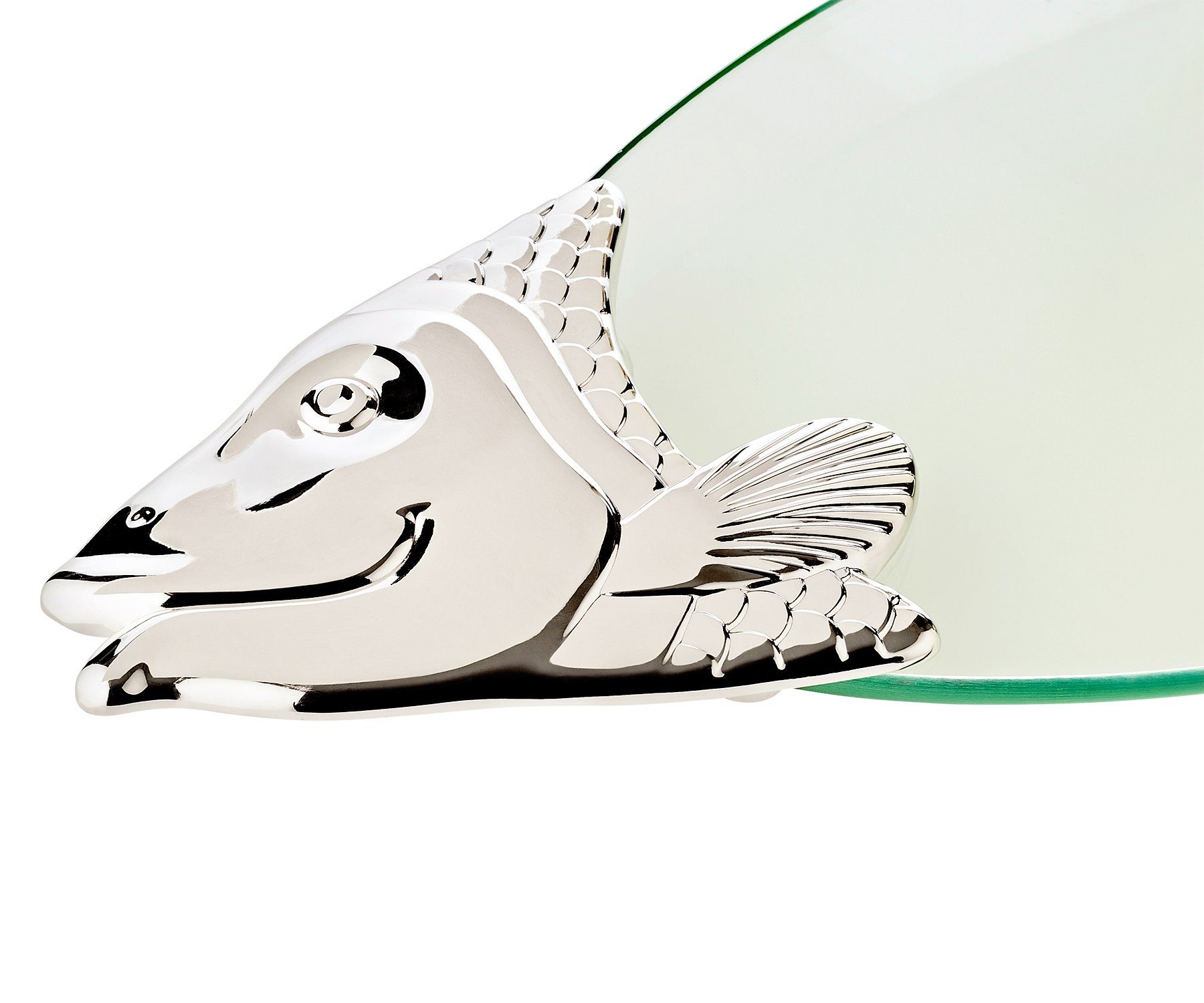 EDZARD Servierplatte Salmon, Heber, mit im cm Messing-Details, mit aus mit 58 Fischteller-Set Länge Lachsplatte Fischplatte Fisch-Design, Glas versilberten