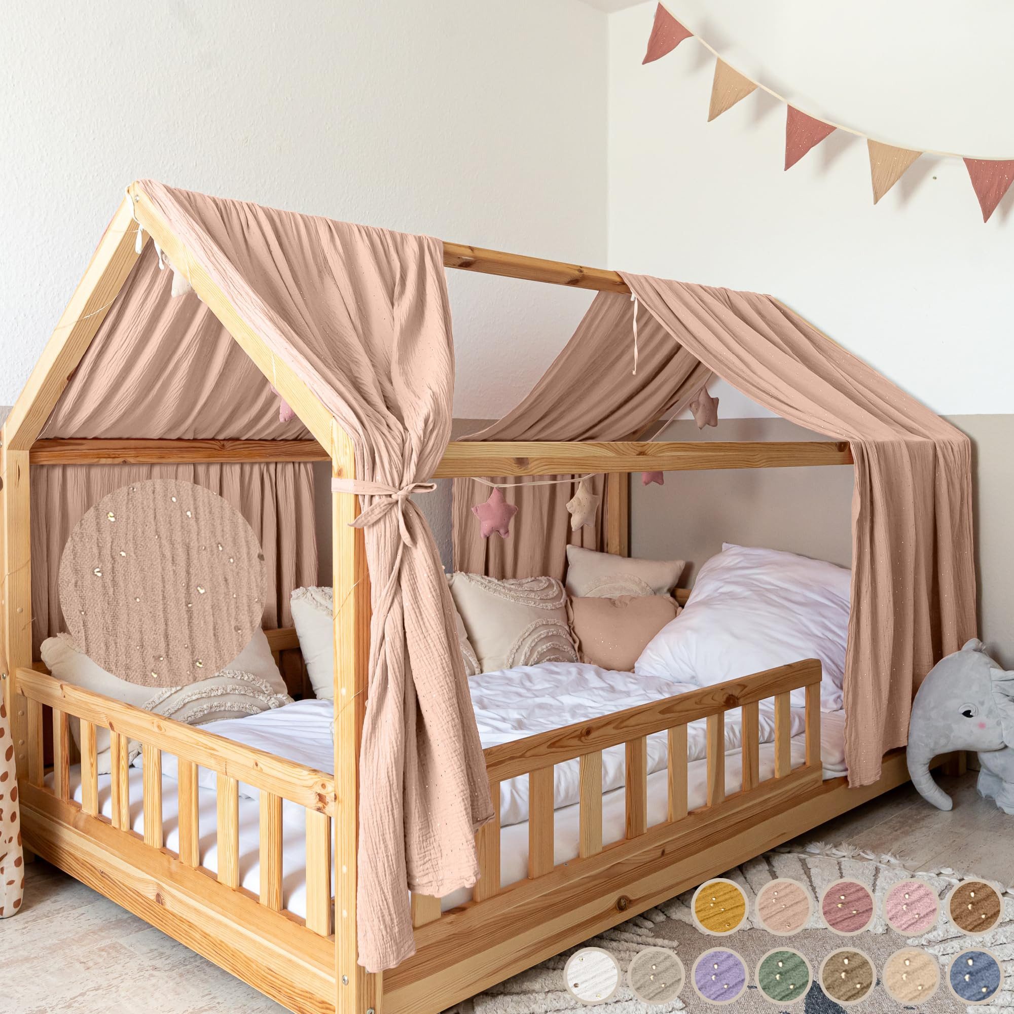 lilimaus Betthimmel Musselin Hausbett Himmel für Kinderzimmer mit Gold Applikation, Musselin Betthimmel aus Baumwolle für Kinderzimmer-Deko
