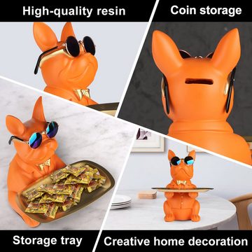 HYTIREBY Tierfigur Französische Bulldogge Tablett Deko Statue, Hund Skulptur, (1 St), Hund Dekofigur Aufbewahrungs Tablett Statue Mit Tablett (Orange)