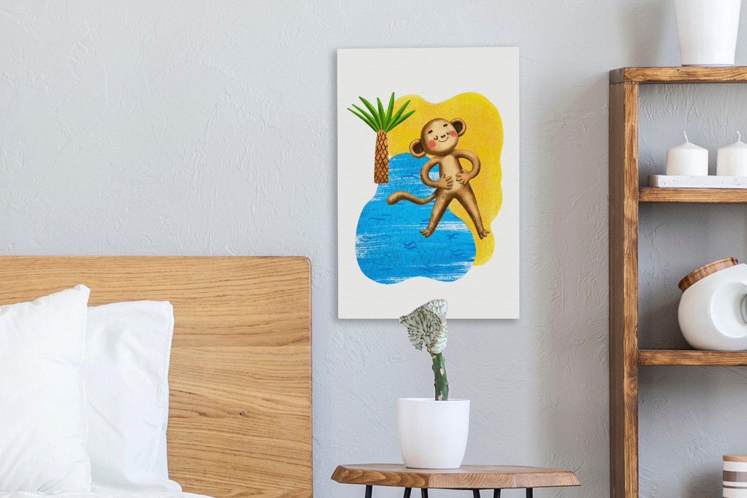 OneMillionCanvasses® Leinwandbild Affe - Palme fertig Strand, inkl. Gemälde, 20x30 St), Leinwandbild Zackenaufhänger, bespannt - cm (1