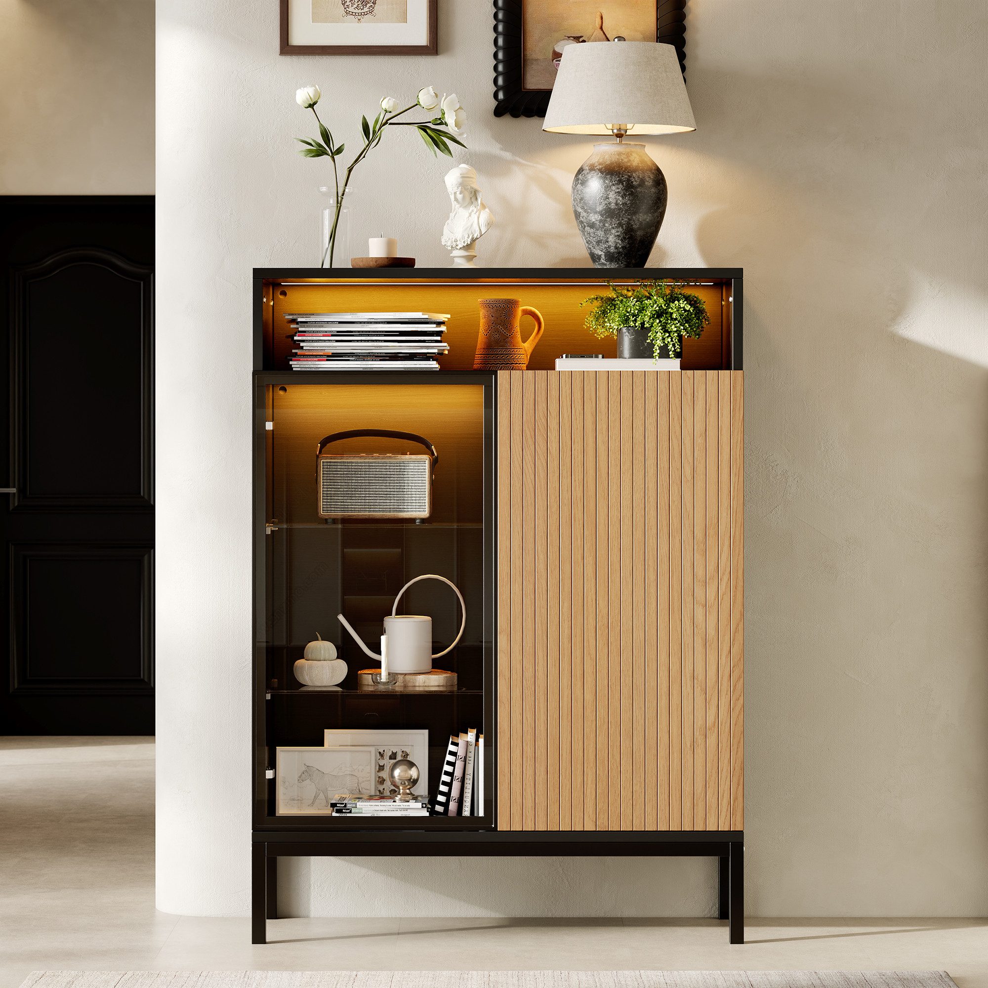 Flieks Glasvitrine LED-Beleuchtung, Hartglastür, verstellbare Glaseinlegeböde, Holztür (80x30x110 cm, 1-St) multifunktionaler Highboard Standvitrine Sideboard Natur&Schwarz