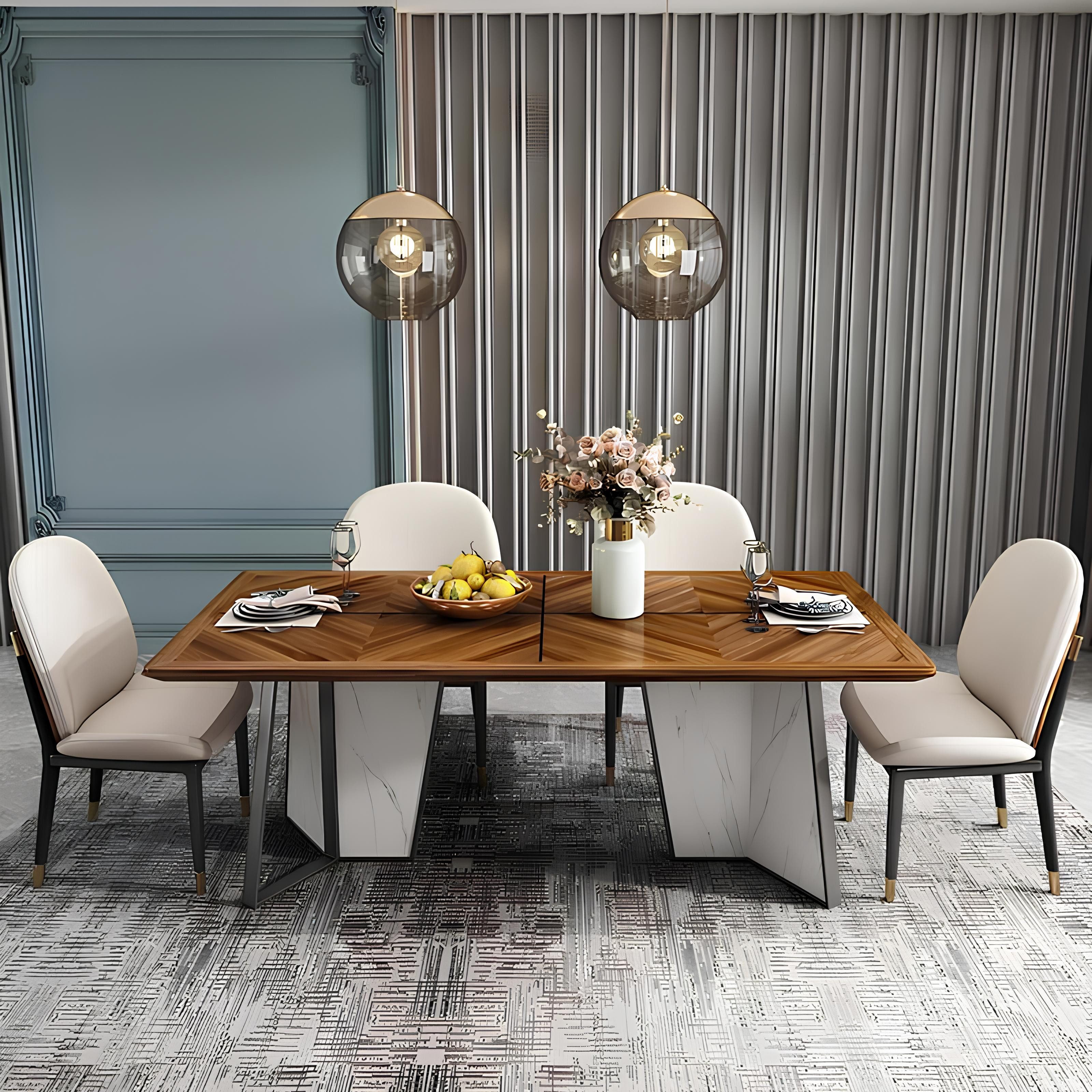 JVmoebel Esszimmerstuhl Essgruppe aus Holz mit gepolsterten Lederstühlen in Beige (Set), Made in Europa