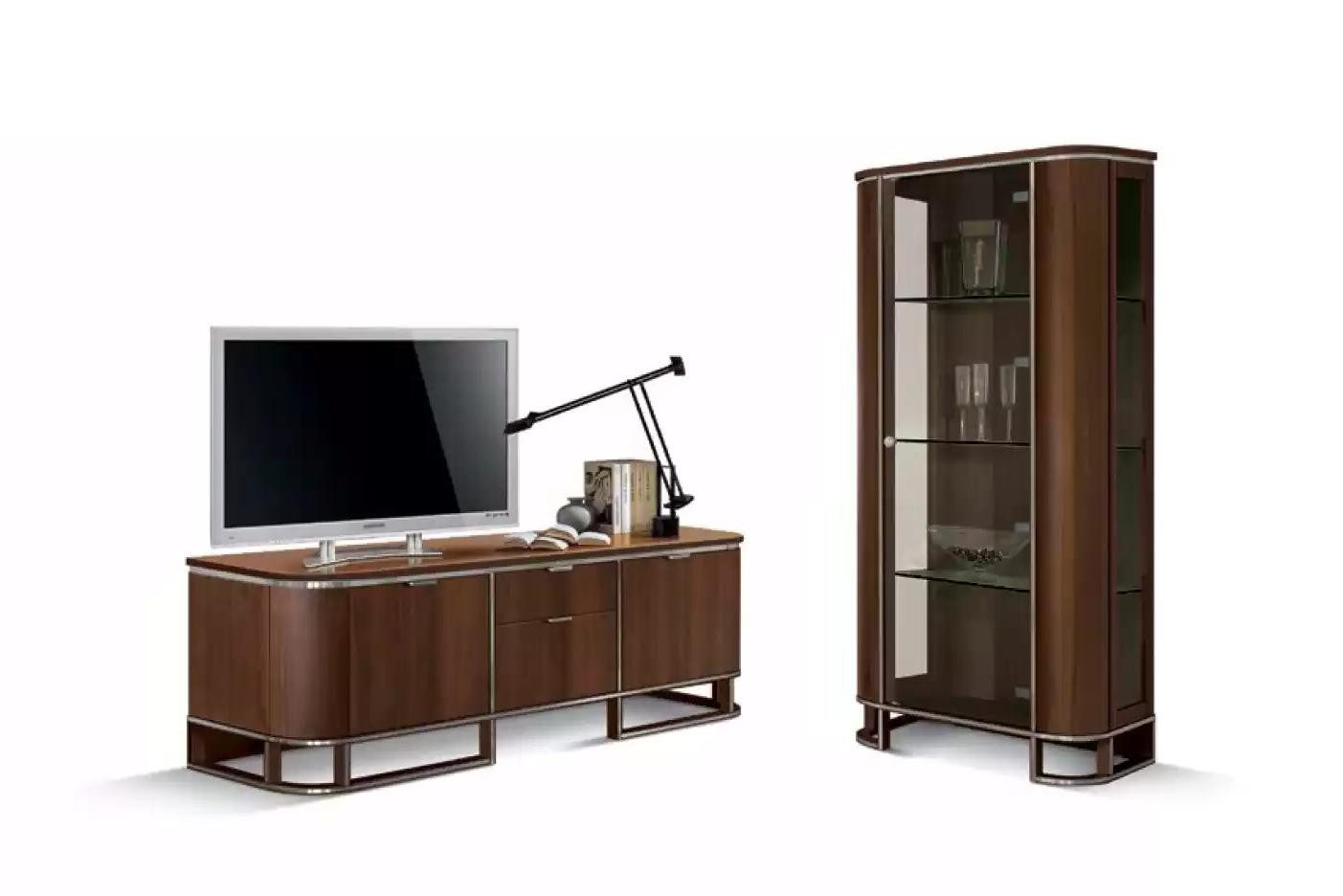 Xlmoebel Wohnwand TV-Ständer in Hochglanzbraun mit integrierter Vitrine, (2-St., Set 2tlg. Wohnwand (TV-Ständer + Vitrine), Hergestellt in Europa