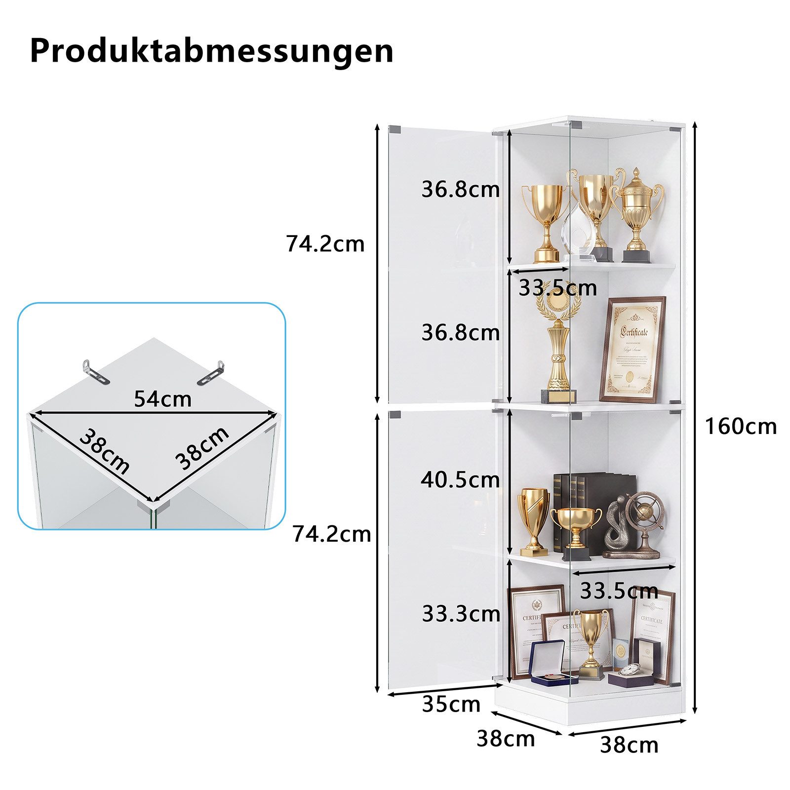 SVEYLXA Eckvitrine Vitrinenschrank mit LED, Glastüren (1-St) 38×38×160, schwarz/weiß