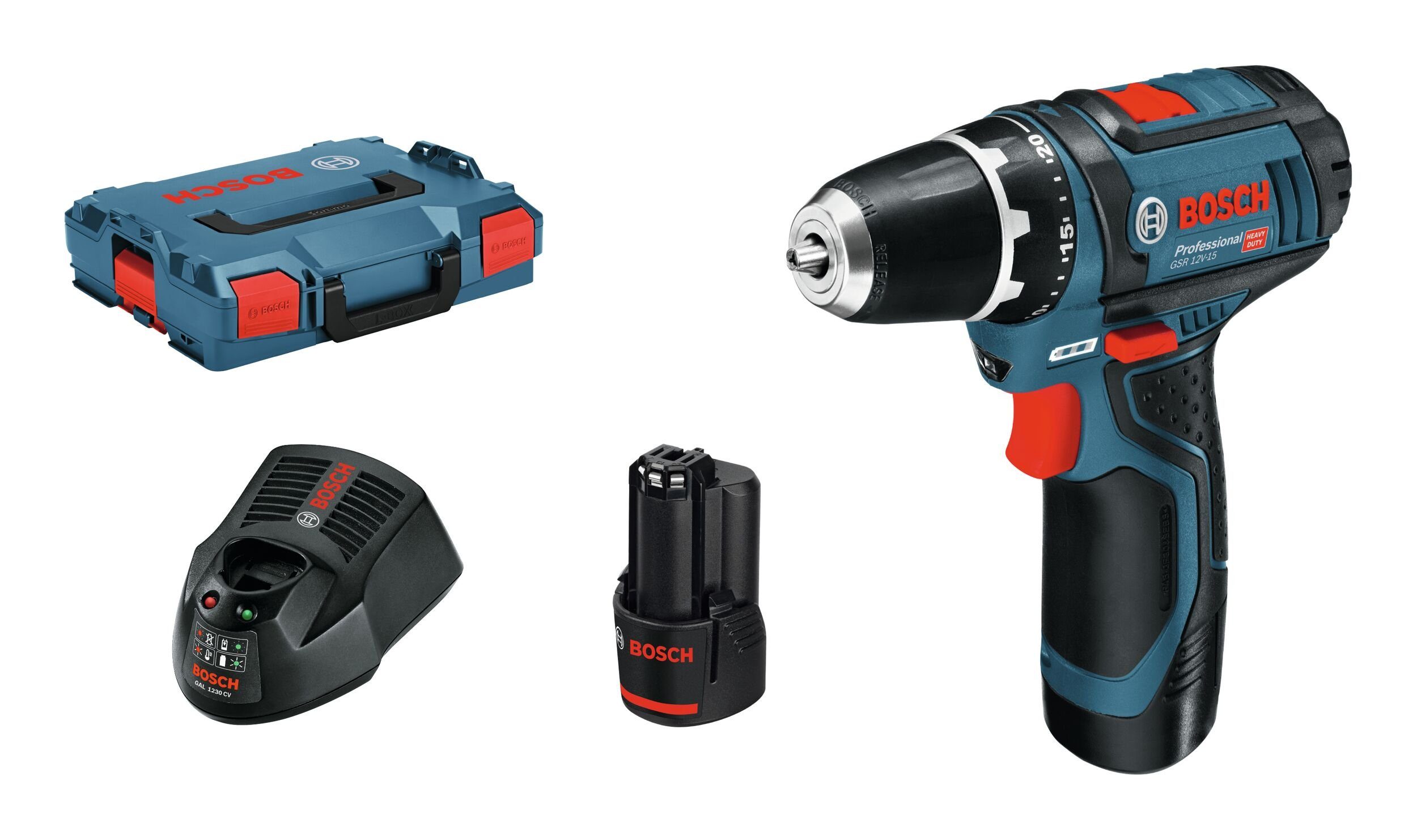 Bosch Professional Akku-Bohrschrauber GSR 12V-15, 12 V, Mit 2x Akku 2 Ah - in L-BOXX 102