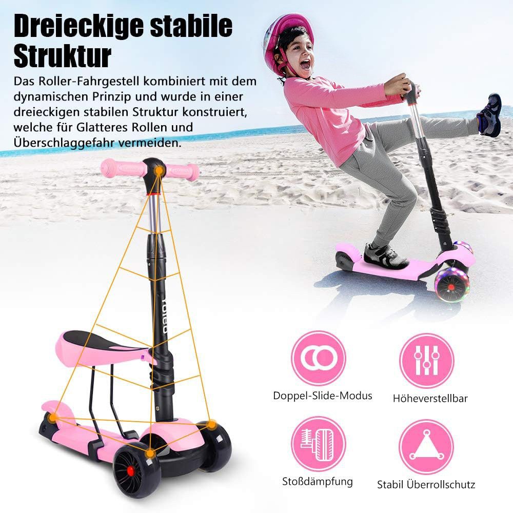 BremToy Scooter 3 in 1 Kinder Roller Scooter mit Sitz LED Räder ab 2 Jahre
