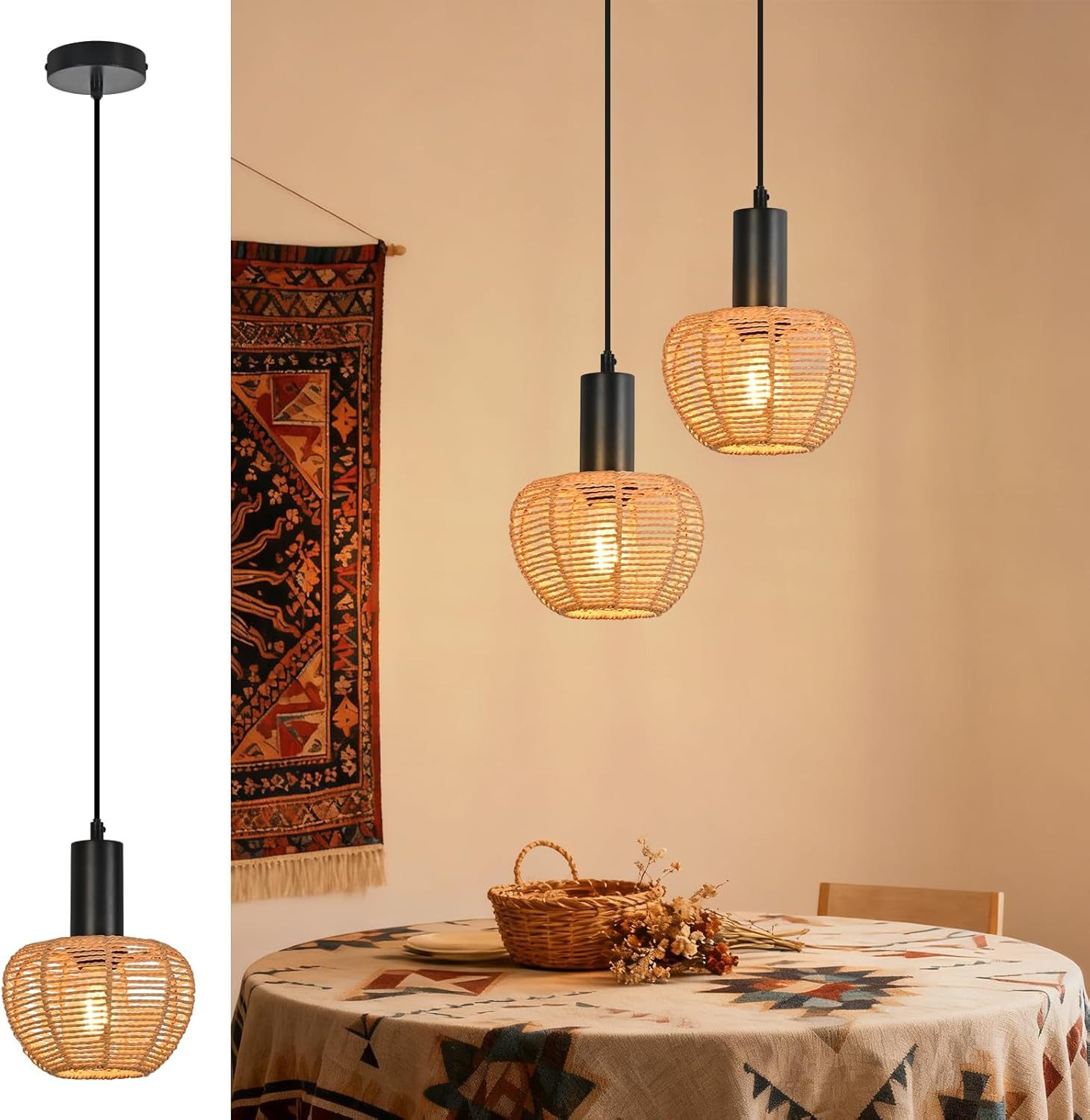 Nettlife Pendelleuchte Retro Boho Schwarz Hängelampe aus Rattan 1/3 flammige E27, Höhenverstellbar, ohne Leuchtmittel, ob Schlafzimmer Flur Esszimmer Dachboden Küche