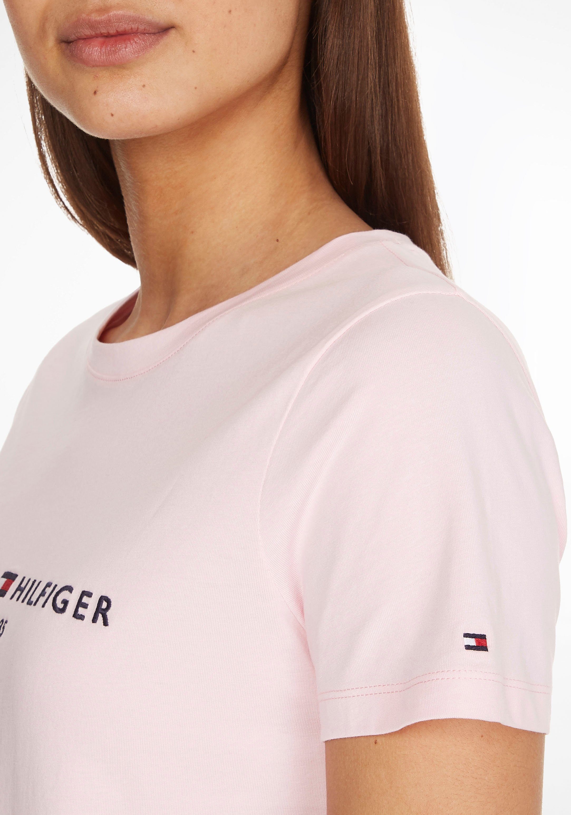 HILFIGER Tommy Hilfiger Tommy Rundhalsshirt Pastel Pink SS TEE mit Hilfiger ESS Linear REG C-NK Logo-Schriftzug TH