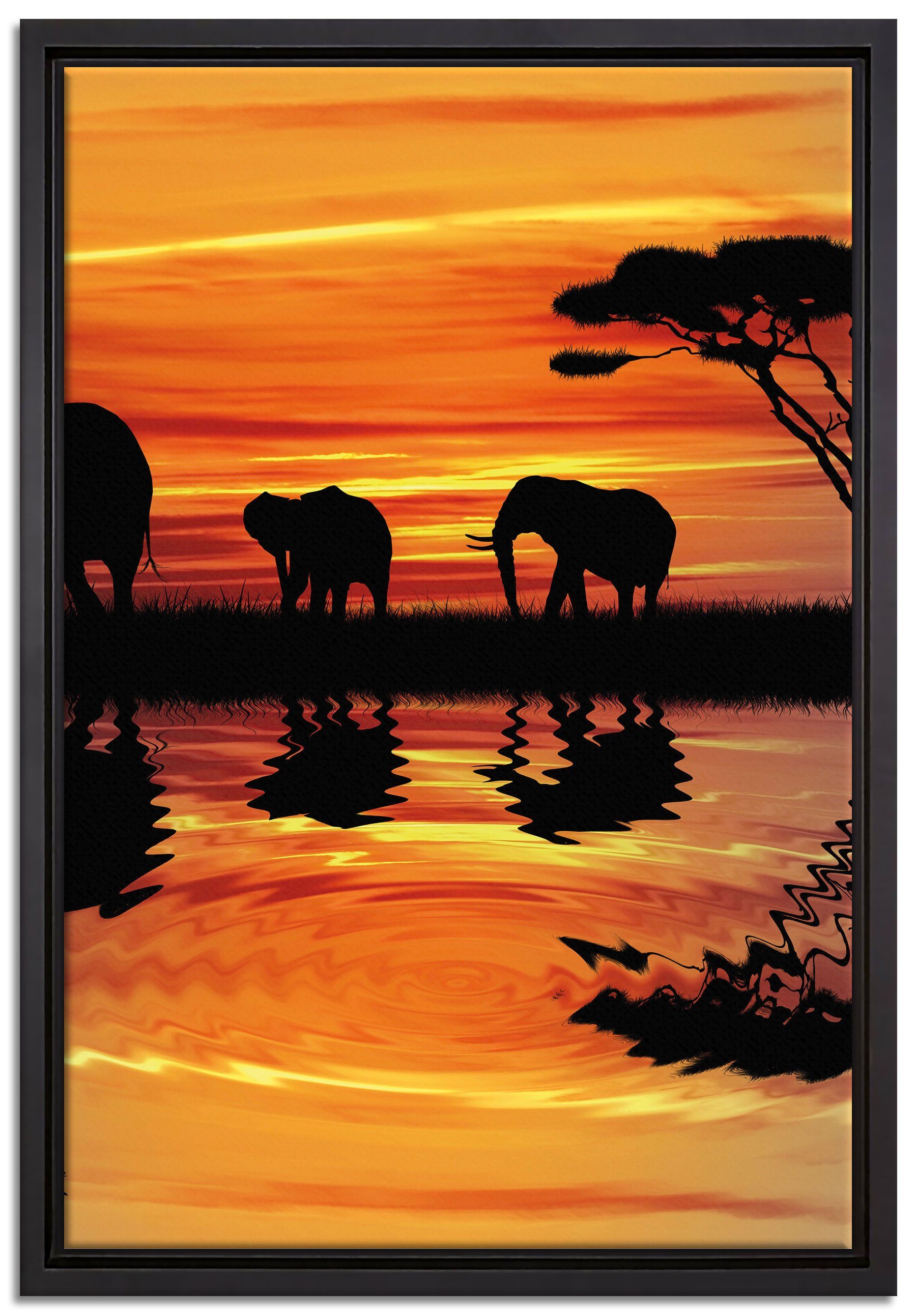 in Afrika bespannt, in fertig Wanddekoration Schattenfugen-Bilderrahmen Elefant inkl. Leinwandbild einem Zackenaufhänger Pixxprint Leinwandbild Sonnenschein, (1 St), gefasst,