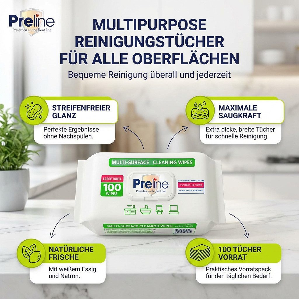 Preline Allzwecktücher - Feuchte Reinigungstücher für alle Oberflächen Reinigungstücher (1-tlg., SLS/SLES/Bleichmittel-frei, Für Küche Bad Elektronik Fenster 100Stück)