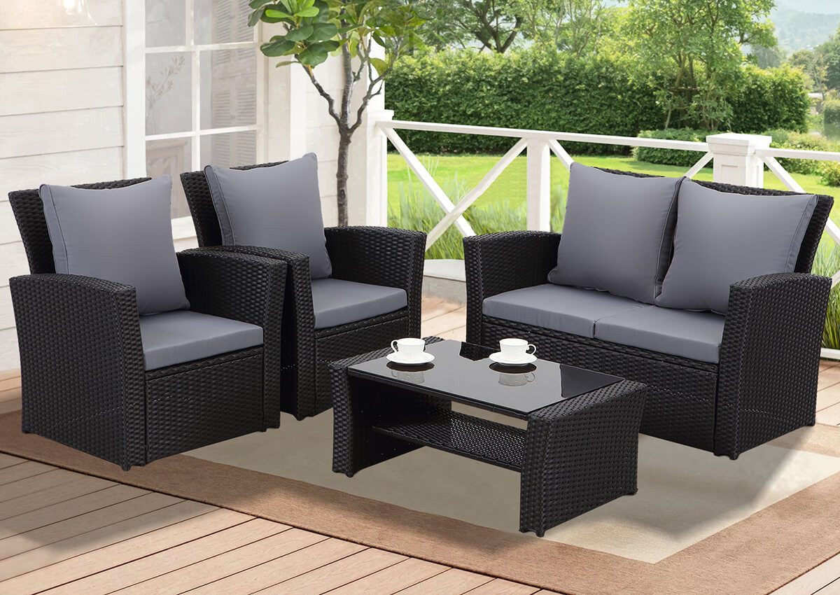 MeXo Loungeset Polyrattan Gartenmöbel Set 4 Personen Wetterfest, (Balkonset günstig online kaufen