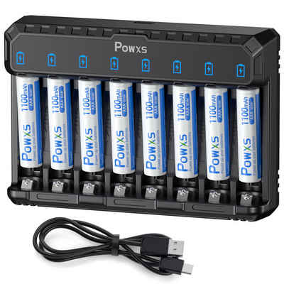 POWXS 8-Fach Akku Ladegerät für Lithium NiMH NICD AA AAA Akku, Akku-Ladestation (Batterie-Ladegerät, mit 8 AAA 1100mAh Akku)