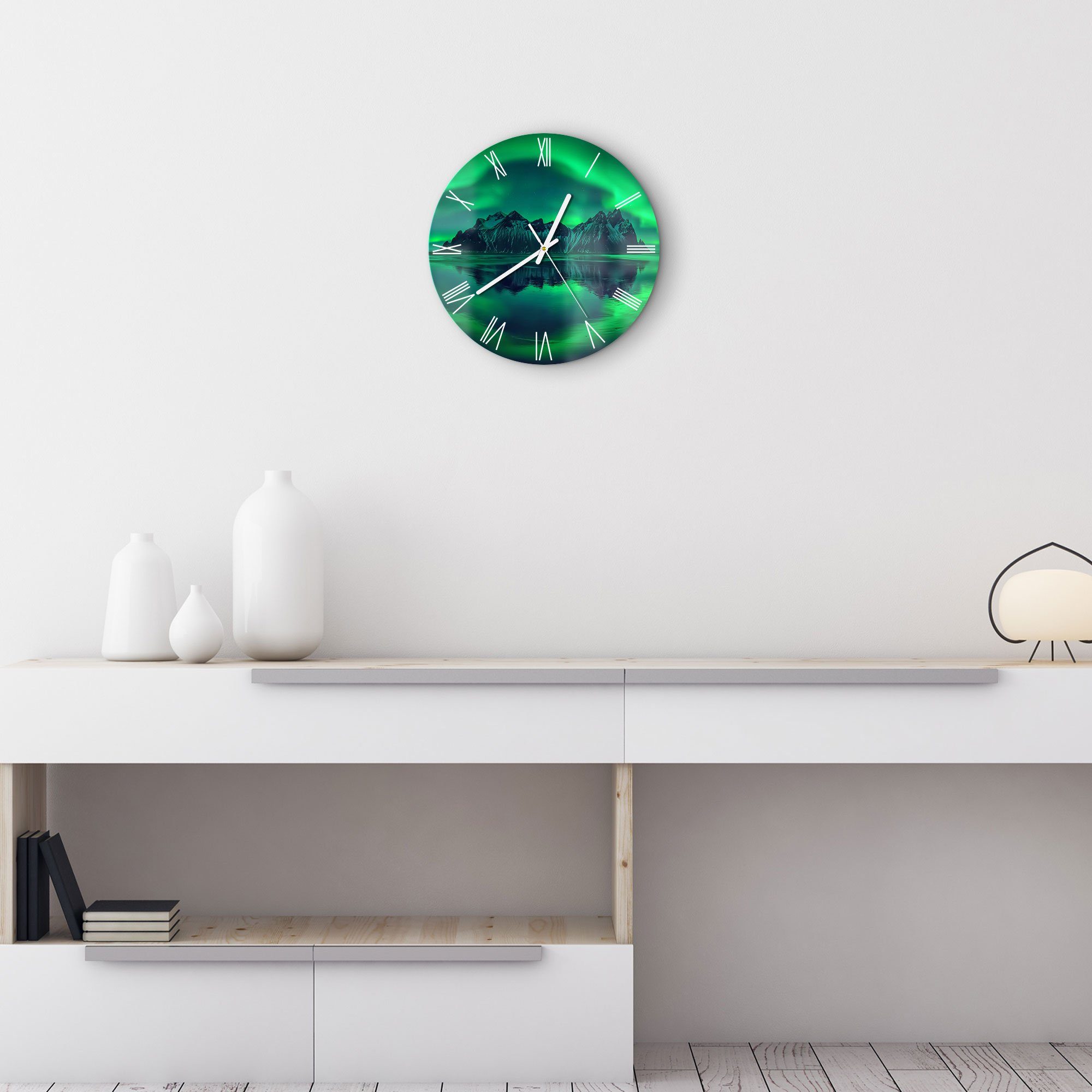 DEQORI Wanduhr 'Vestrahorn im Polarlicht' (Glas Glasuhr modern Wand Uhr Design Küchenuhr)