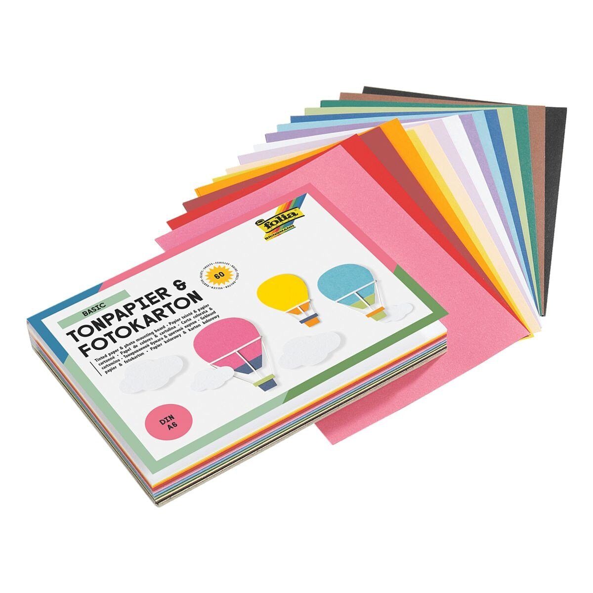 Folia Bastelkartonpapier BASIC, Set Tonpapier & Fotokarton in 15 kräftigen Farben, Format A6, 60 Blatt