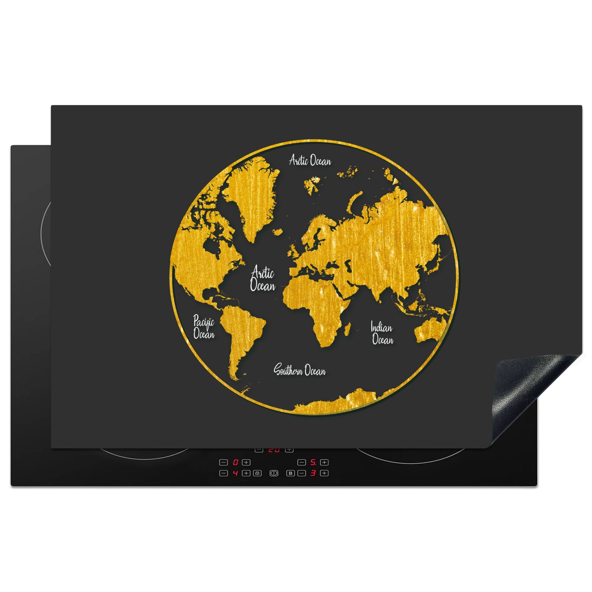 MuchoWow Herdblende-/Abdeckplatte Weltkarte - Kreis - Gold, Vinyl, (1 tlg), 81x52 cm, Induktionskochfeld Schutz für die küche, Ceranfeldabdeckung