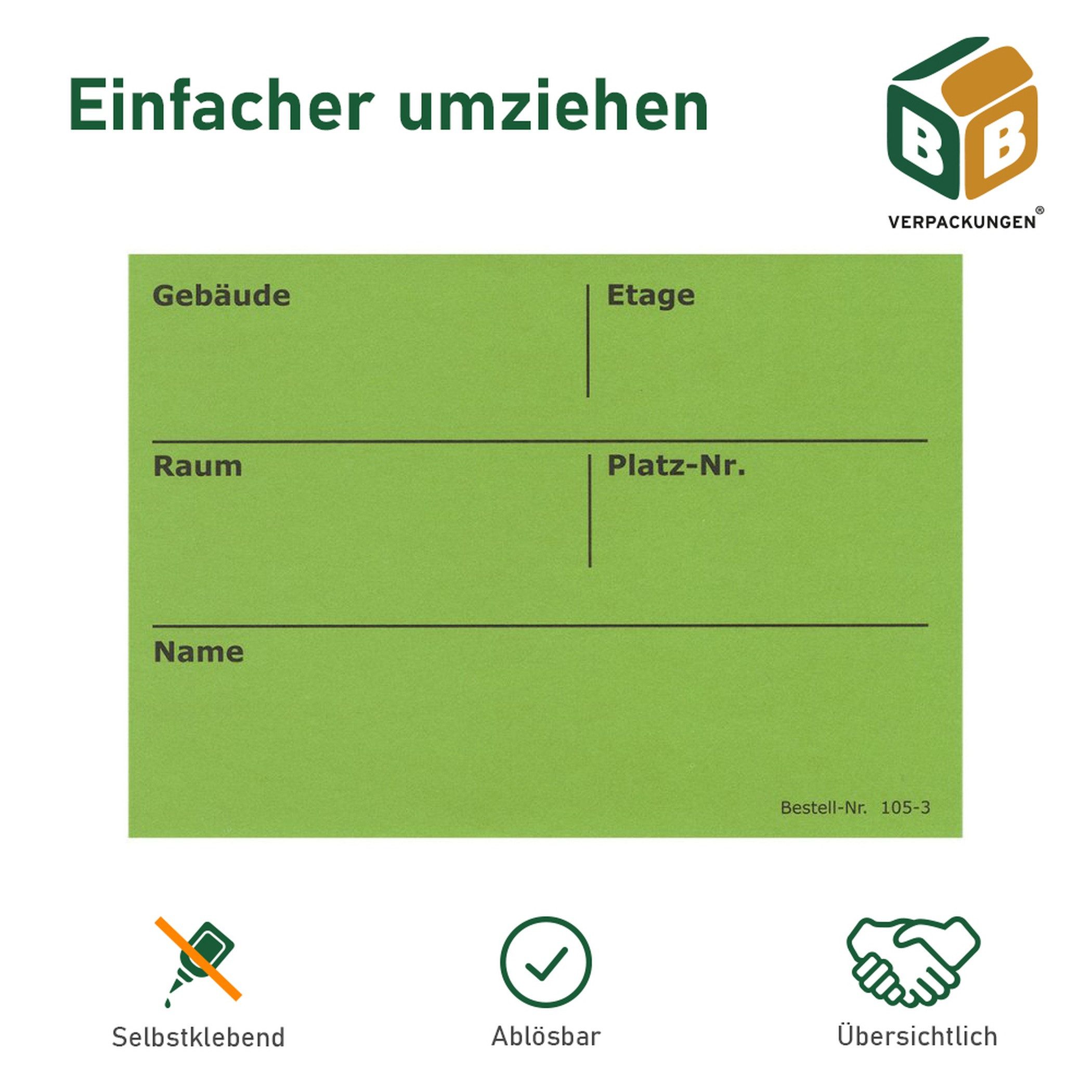 BB-Verpackungen Etikett Umzugsetiketten, 105 x 75 mm, grün, selbstklebend