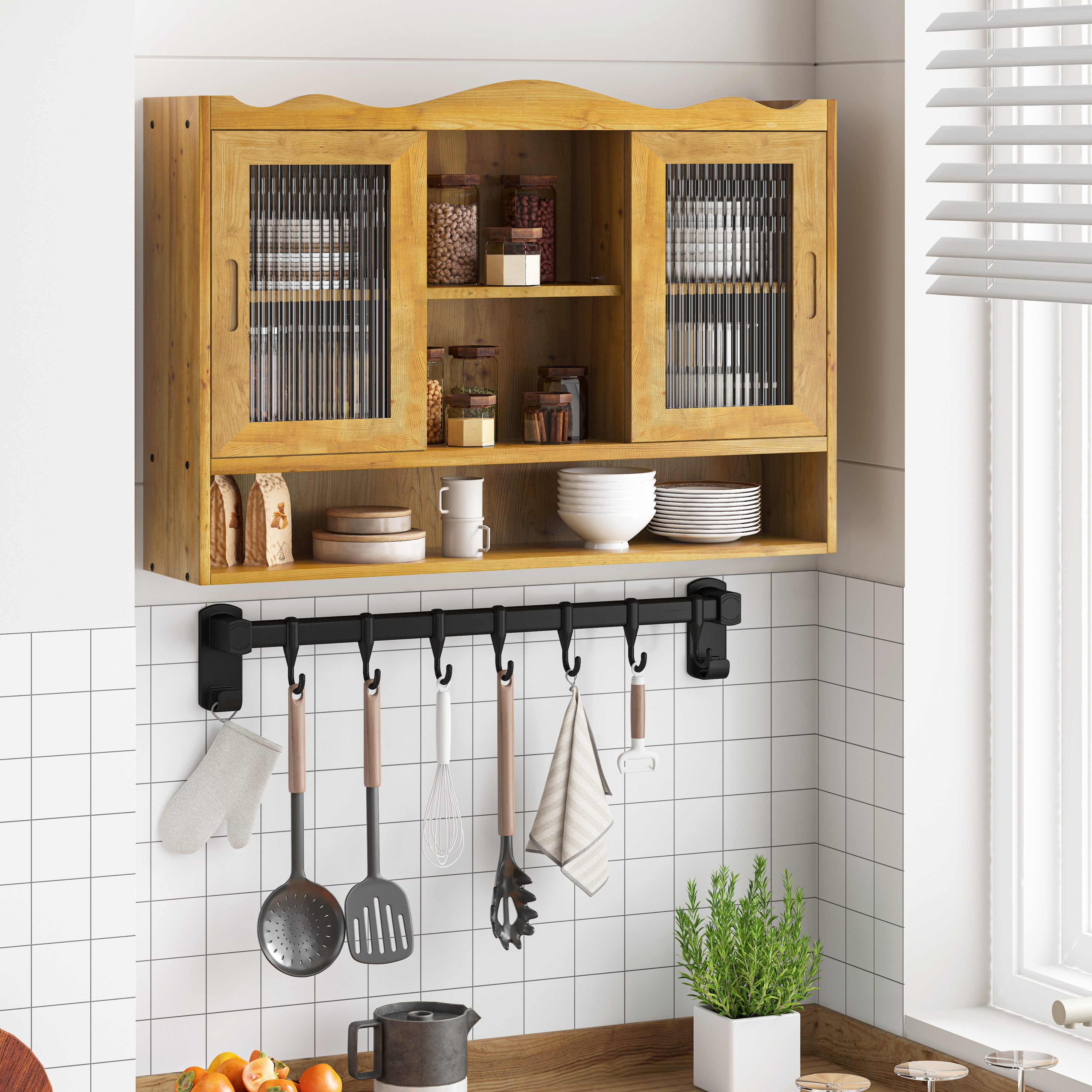 Celya Wandhängeschrank 90 cm Retro-Schiebetürenschrank, mit zwei Türen und drei Ablageflächen, Natürlich – Bild 3 von 5