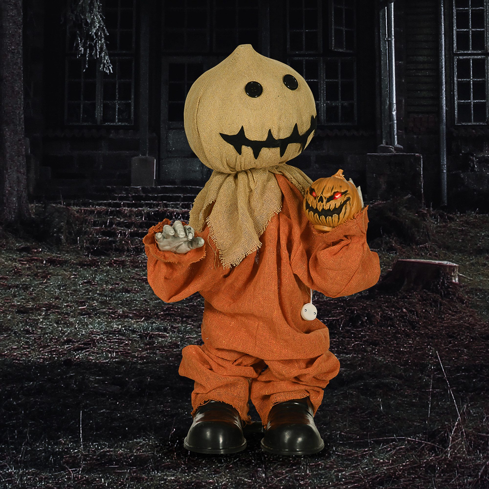 HOMCOM Dekofigur 77cm Halloween Deko mit Rote Augenleuchte und Soundfunktion (Halloween-Geister, 1 St., Vogelscheuche Halloween-Dekoration), mit Kürbiskopf, Orange