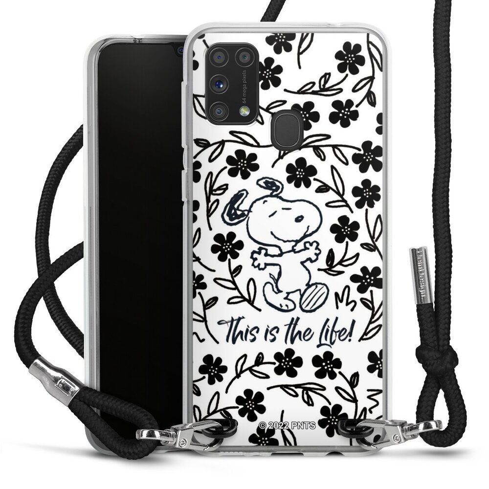 DeinDesign Handyhülle Peanuts Blumen Snoopy Snoopy Black and White This Is The Life, Samsung Galaxy M31 Handykette Hülle mit Band Case zum Umhängen
